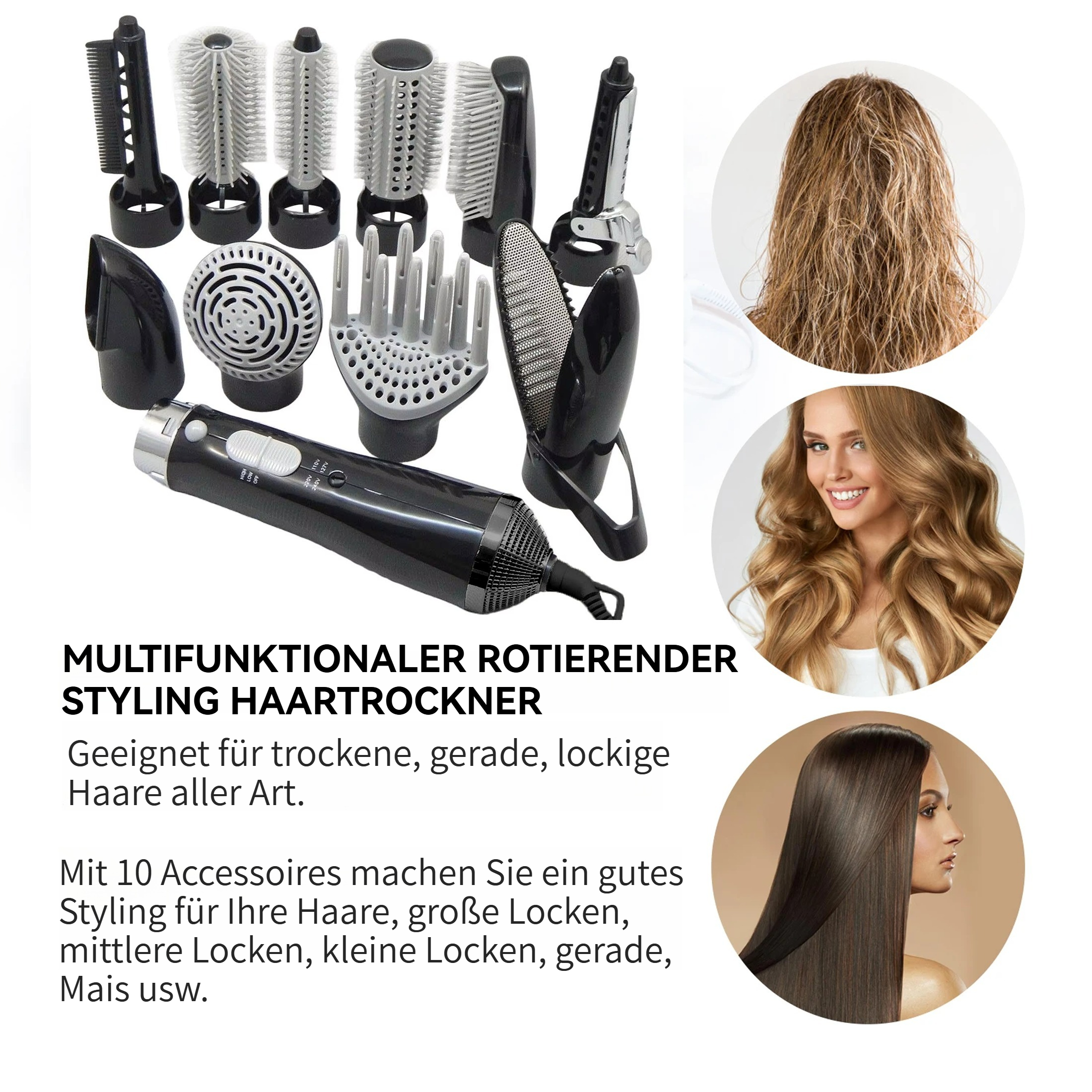 Haarstyling-Set mit mehreren Aufsätzen. Enthält einen Fön, Bürsten und einen Text zur Förderung des Haarstylings.