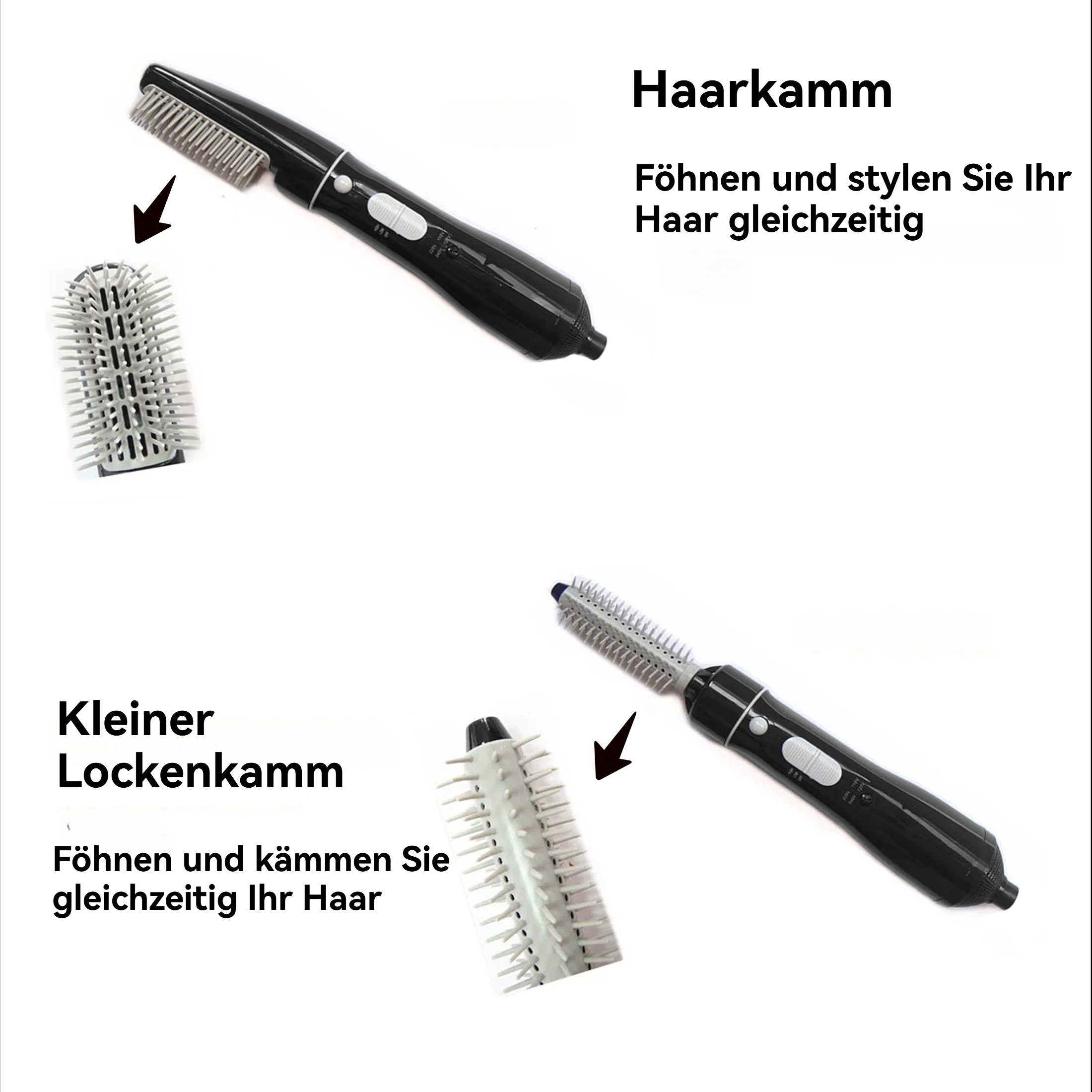 Das Bild zeigt Haarstyling-Werkzeuge. Eines ist ein Föhn mit Kammaufsatz. Das andere ist ein kleiner Lockenkamm.