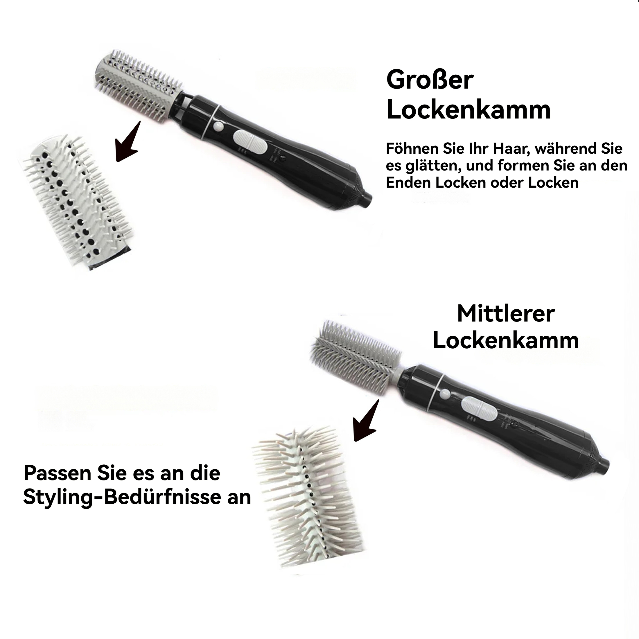 Haarstyling-Werkzeug mit zwei Bürstenaufsätzen. Einer groß, einer mittel, und ein schwarzer Griff mit Bedienelementen.