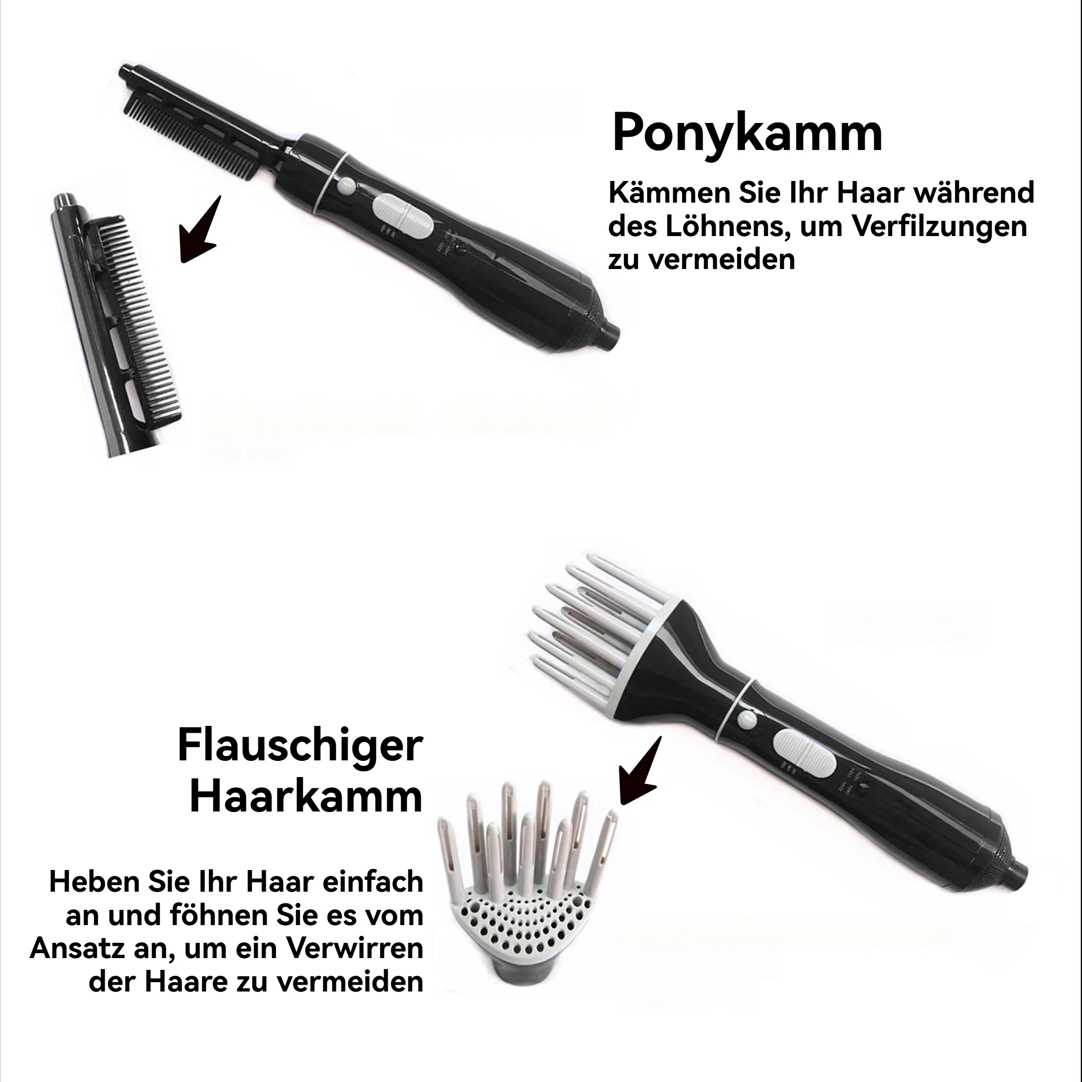 Das Bild zeigt zwei Haarstyling-Tools. Eines ist ein Kamm, das andere ein Diffusor. Beide sind schwarz und weiß mit Text auf Deutsch.
