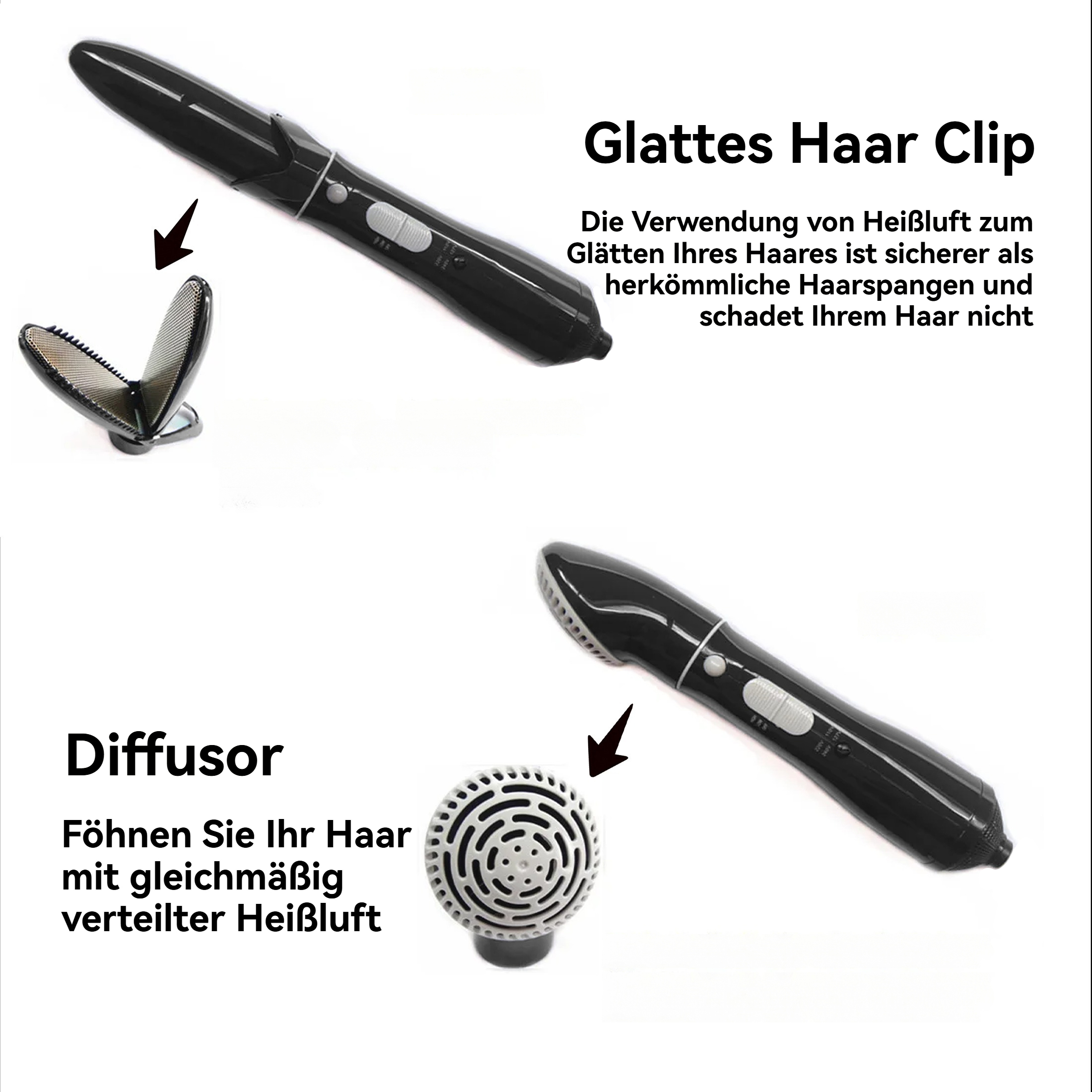 Das Bild zeigt zwei Haargeräte: einen Haarglätter und einen Diffusor. Deutscher Text erklärt deren Verwendung und Vorteile.