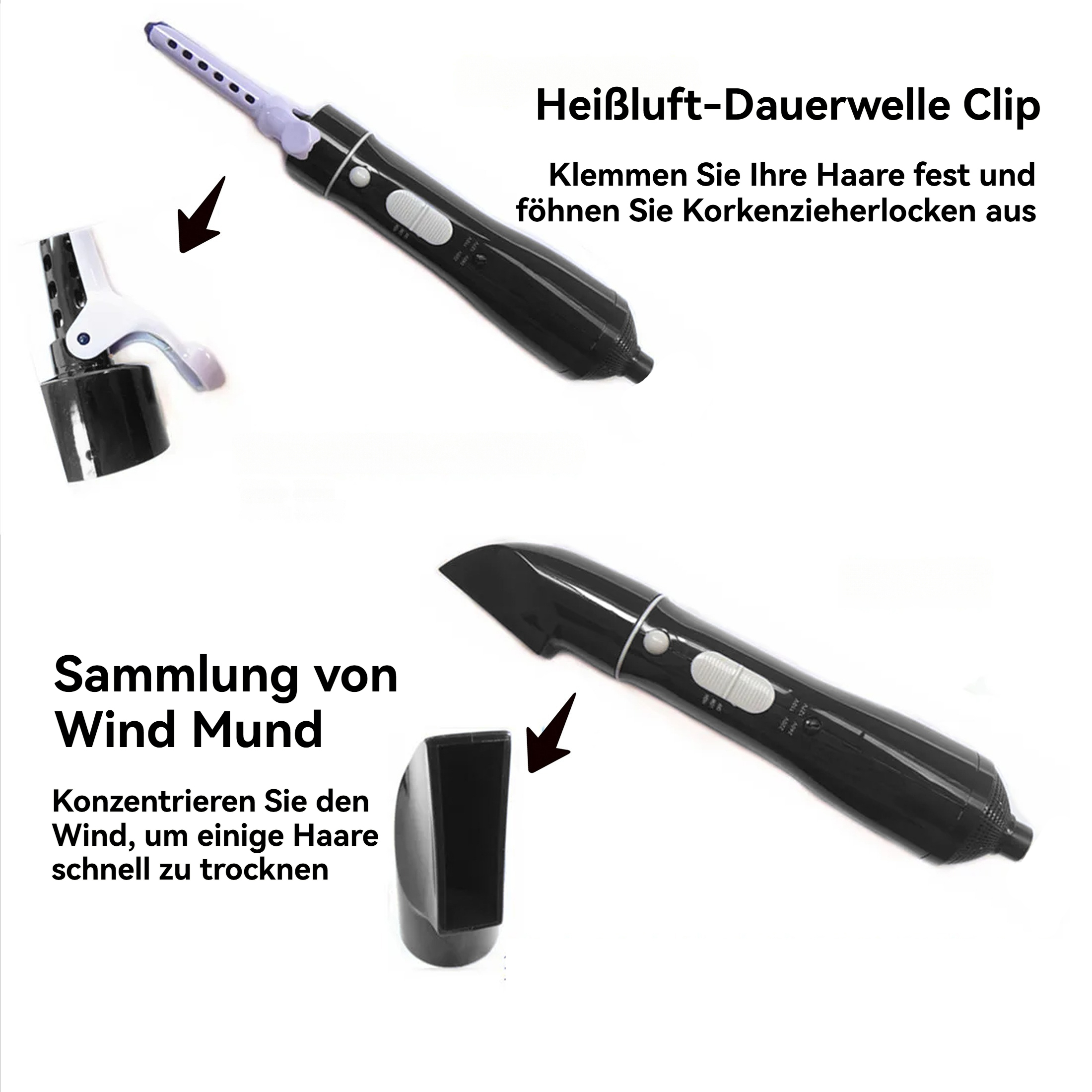 Das Bild zeigt ein Haarstyling-Werkzeug mit zwei Aufsätzen. Text beschreibt den Zweck des Werkzeugs: Haare trocknen und locken.
