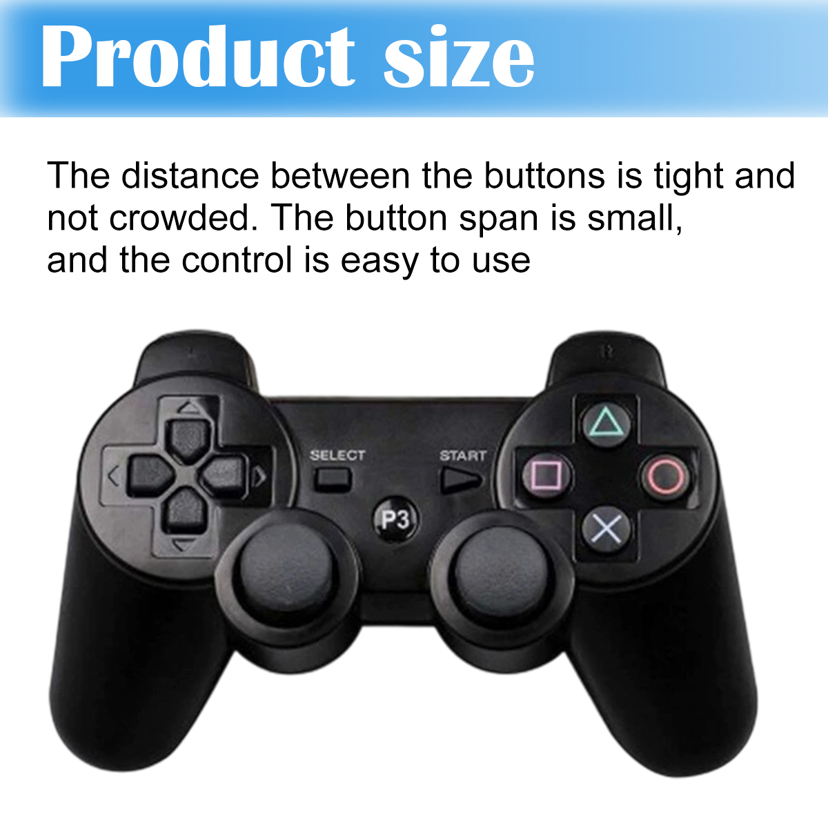 Schwarzes Gamepad mit Tasten: Richtungstasten, Select, Start und Aktionstasten. Es hat zwei Analog-Sticks und eine P3-Taste.