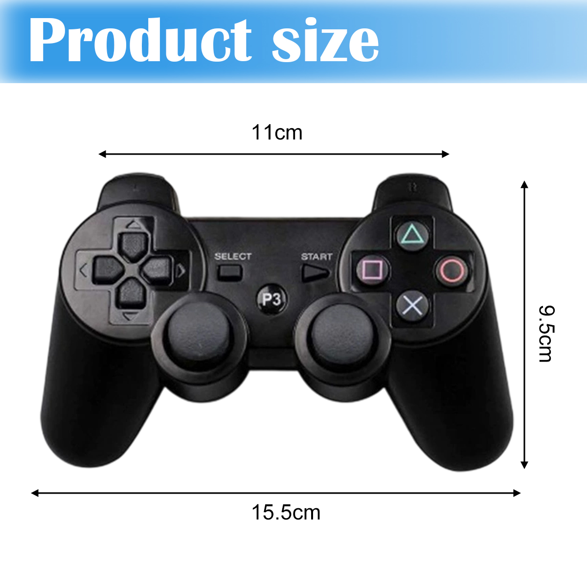 Schwarzer Gamecontroller mit Maßangaben. Er hat Knöpfe, Joysticks und ein Steuerkreuz. Die Produktgröße wird angezeigt.