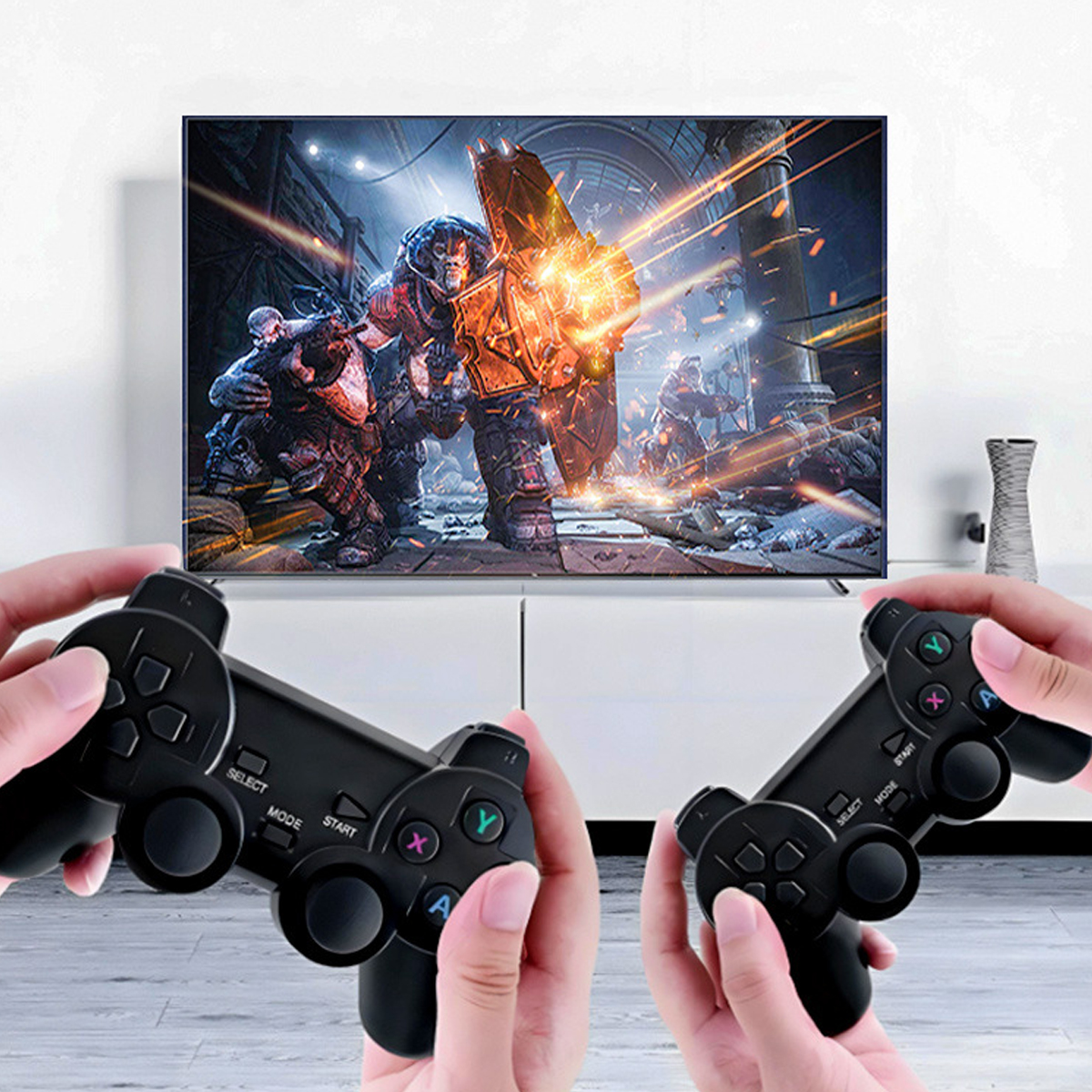 Hände halten schwarze Gamecontroller vor einem Fernseher, auf dem ein Videospiel mit Charakteren in einer Kampfszene zu sehen ist.