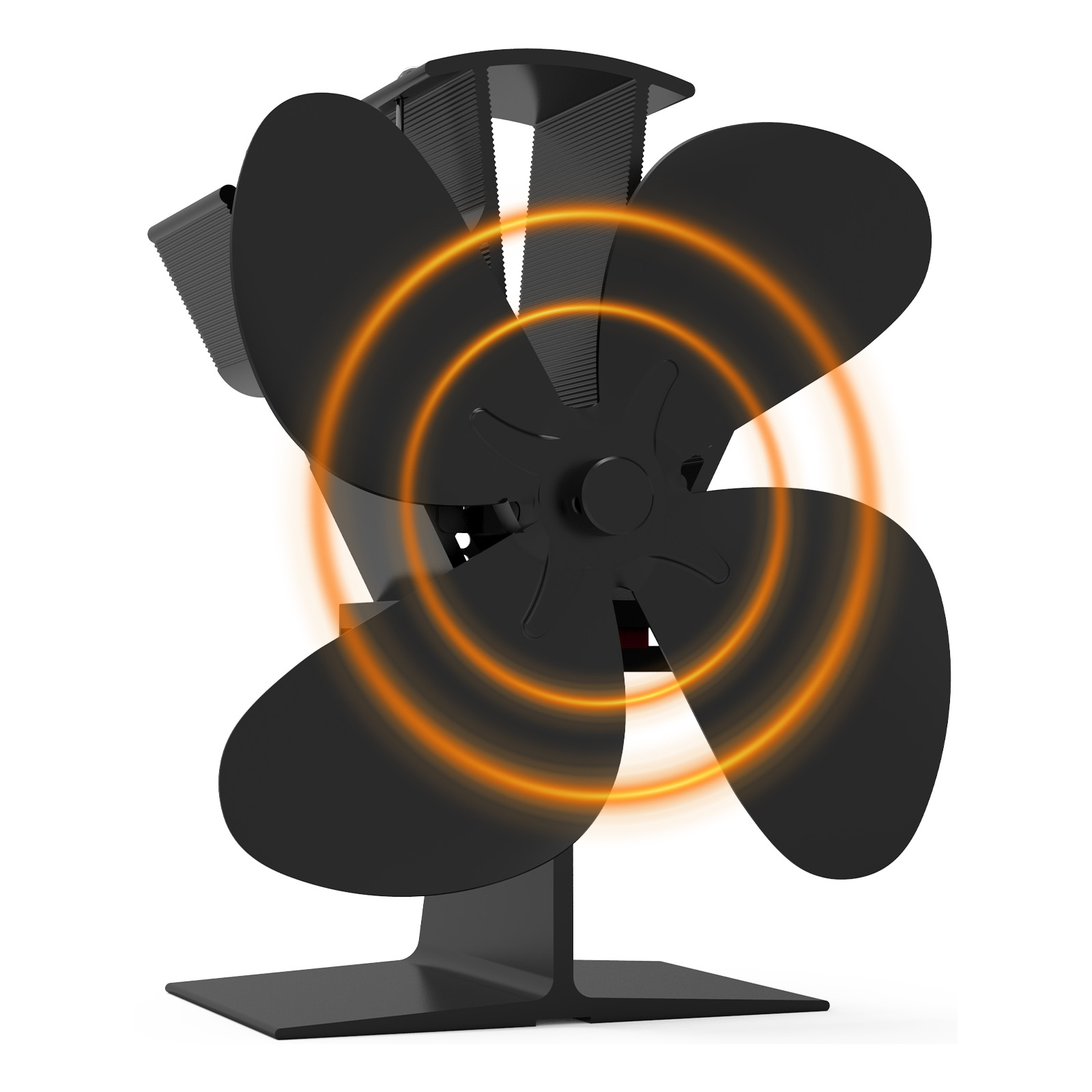 Ein schwarzer Ofenventilator mit vier Flügeln und orangefarbenem Hitzewellen-Effekt auf weißem Grund.