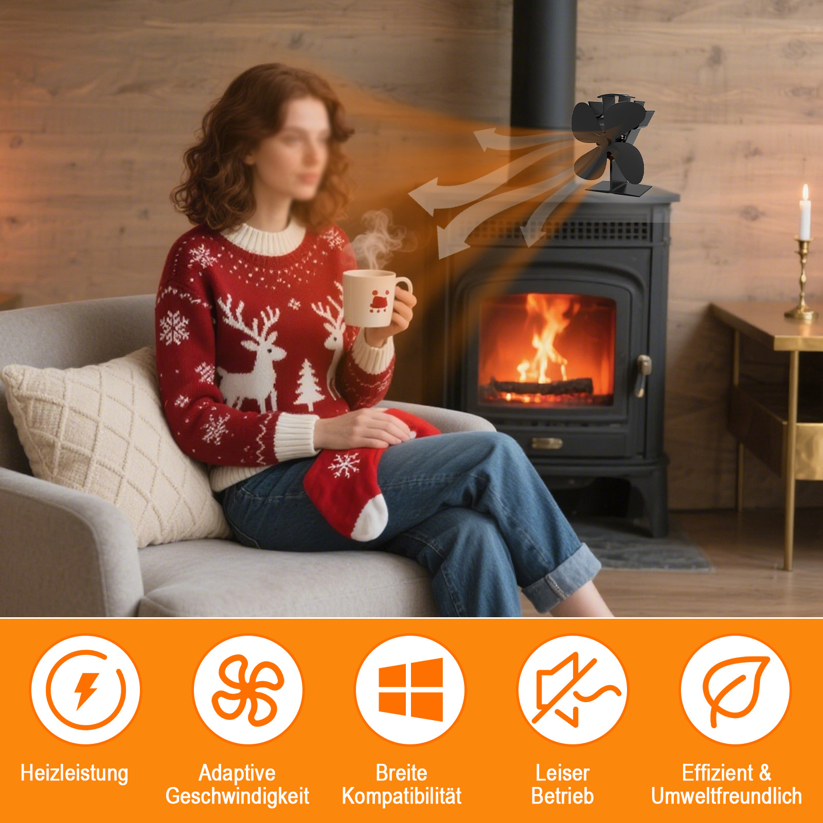 Eine Frau in einem Weihnachtspullover sitzt am Kamin und hält eine Tasse. Ein Ventilator steht auf dem Kamin. Icons sind unten.