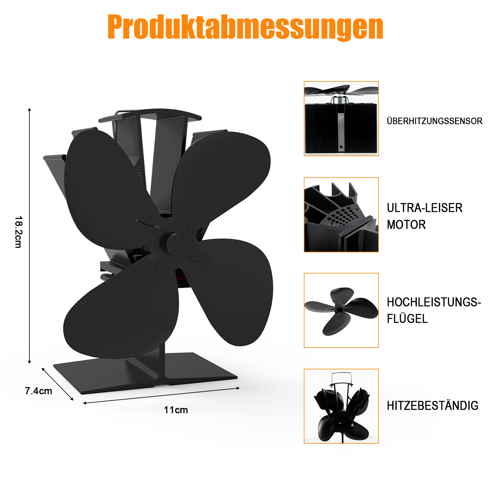 Schwarzer Ventilator auf weißem Hintergrund mit Maßen. Details umfassen Überhitzungssensor, leisen Motor, Hochleistungsflügel und Hitzebeständigkeit.