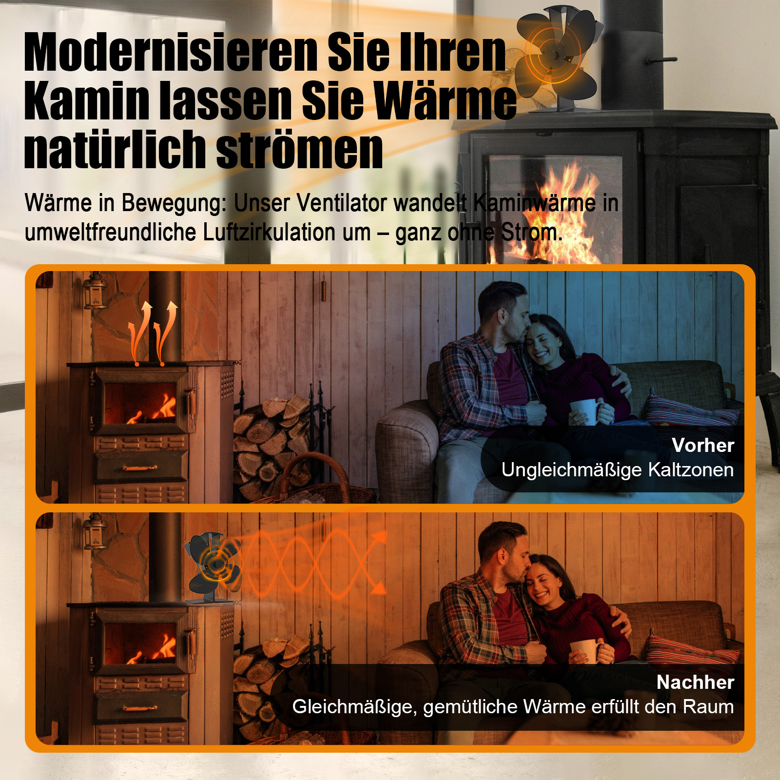 Bild zeigt einen Kaminventilator. Es veranschaulicht, wie der Ventilator Wärme zirkuliert und die Wärme im Raum verbessert.