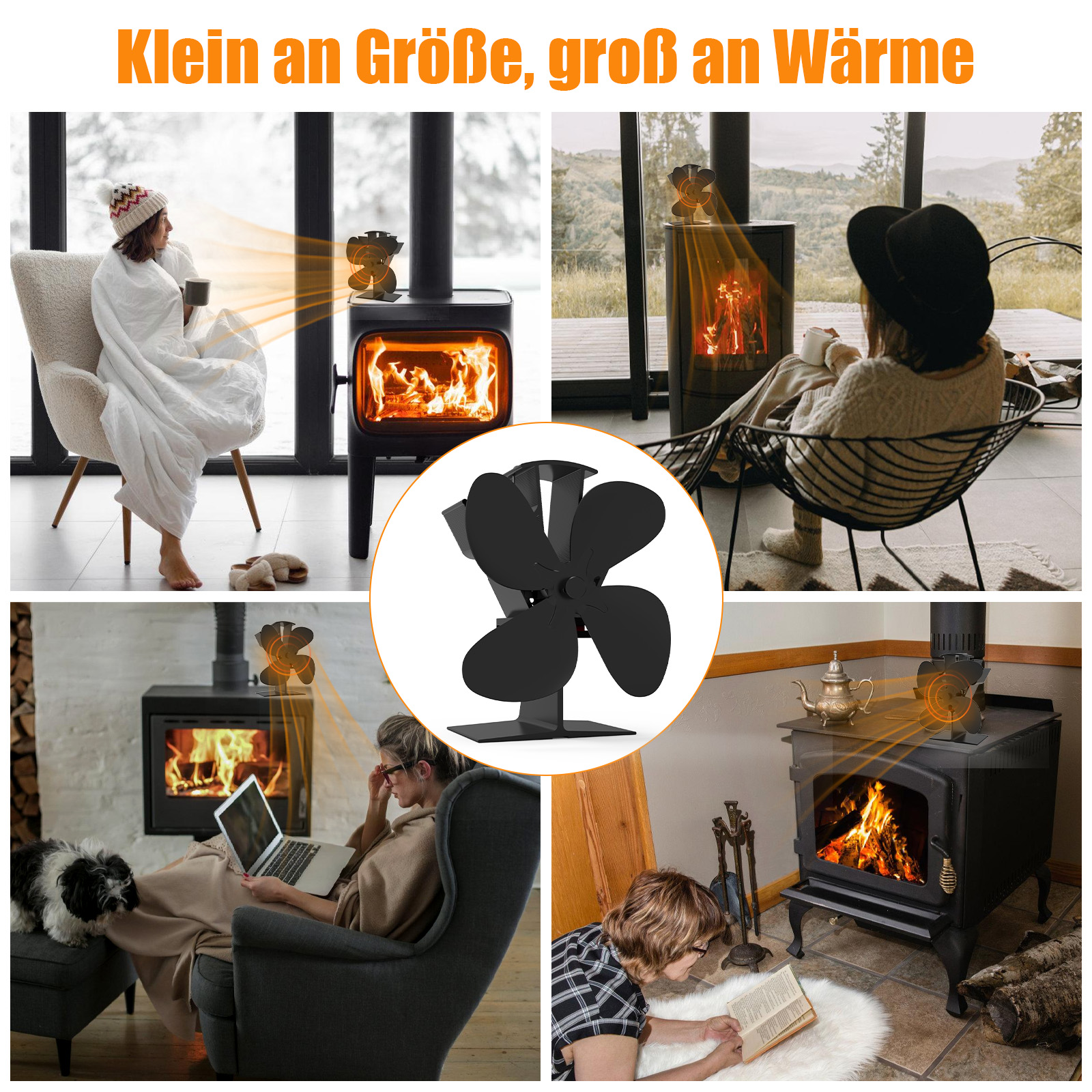 Eine Collage zeigt Menschen in der Nähe von Kaminen mit Ventilatoren. Das zentrale Bild zeigt einen schwarzen Ventilator. Der Text oben lautet 'Klein an Größe, groß an Wärme'.
