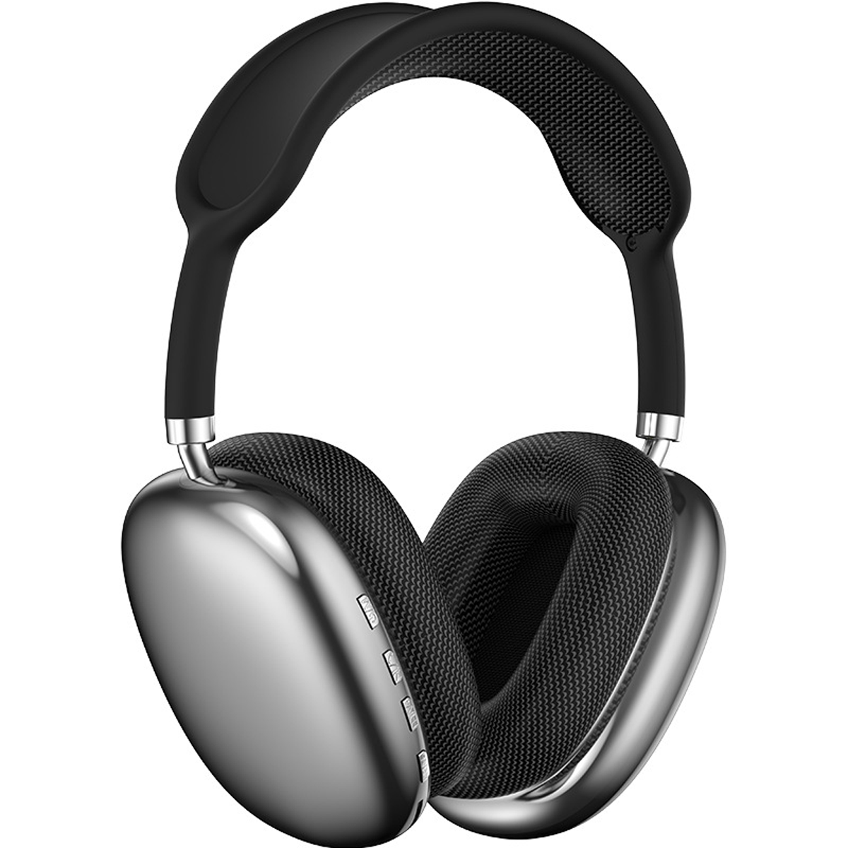 Silberne und schwarze Over-Ear-Kopfhörer auf weißem Hintergrund. Die Ohrmuscheln sind silber, das Kopfband und die Ohrpolster sind schwarz.