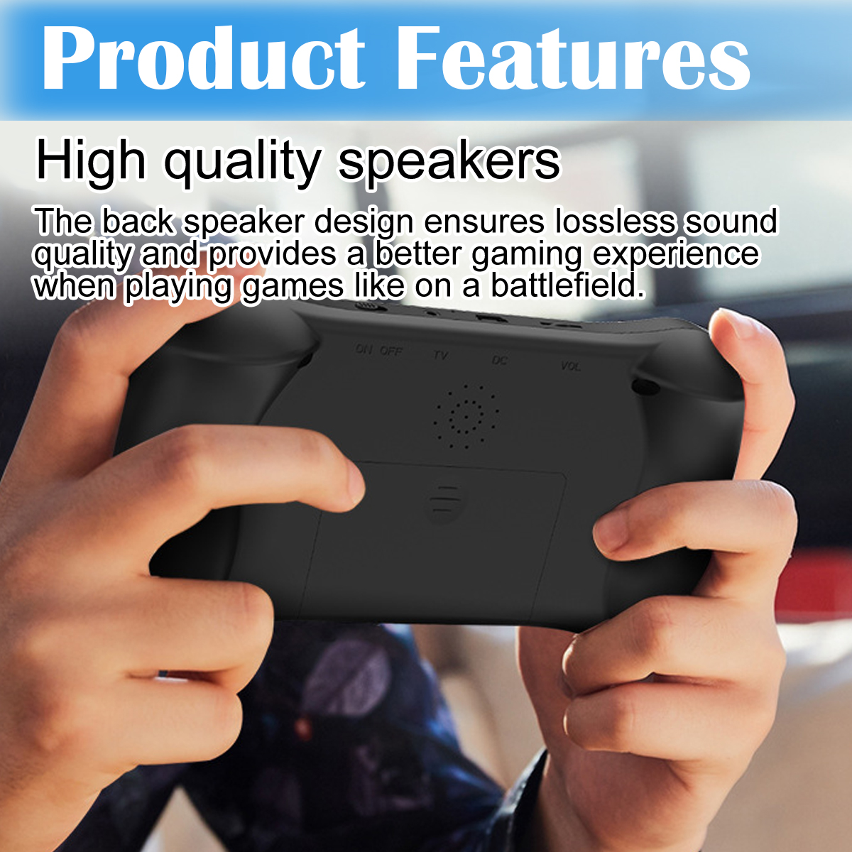 Eine Person hält eine schwarze Handheld-Spielekonsole. Der Bildschirm ist nicht sichtbar. Oben steht 'Produktmerkmale'.