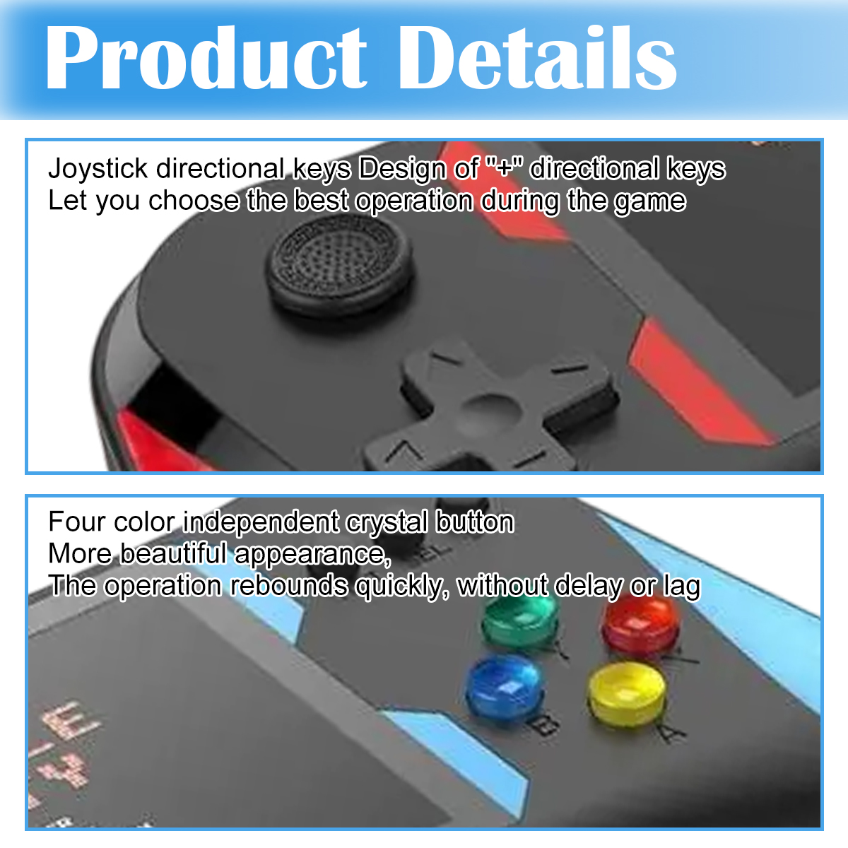 Nahaufnahme eines schwarzen Gamecontrollers mit Joystick, Steuerkreuz und bunten Knöpfen. Das Design ist elegant mit roten Akzenten.