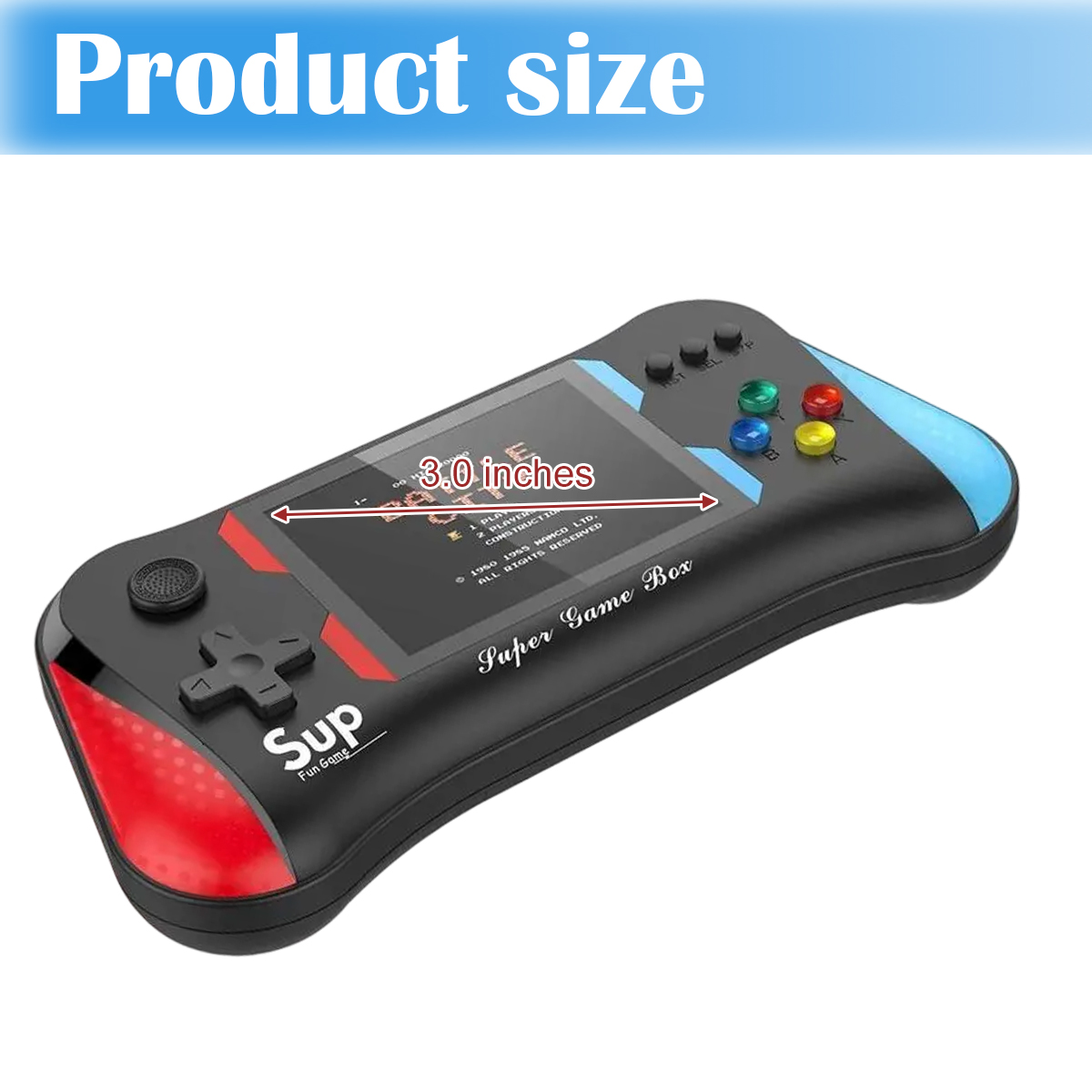 Eine schwarze Handheld-Konsole mit einem Bildschirm, auf dem ein Spiel angezeigt wird. Sie hat Knöpfe, einen Joystick und ein 3,0-Zoll-Etikett.