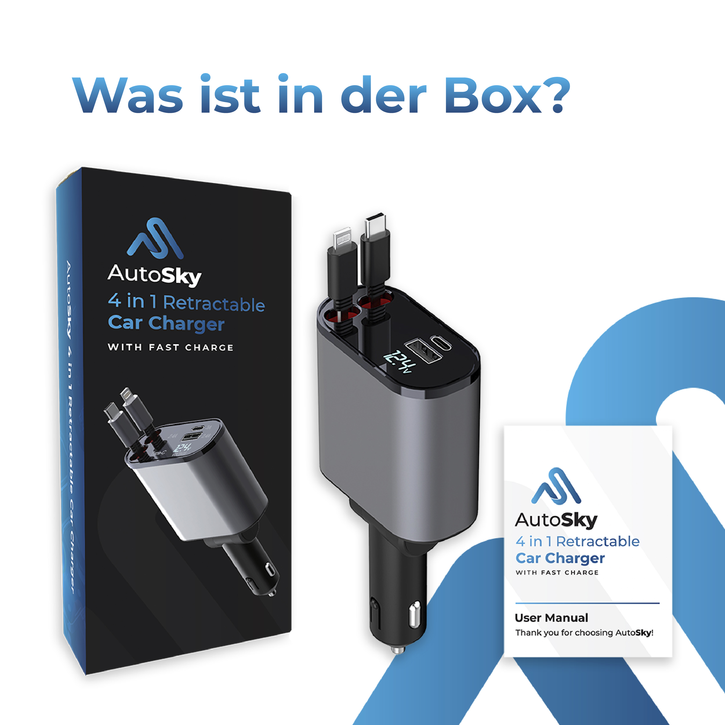 Das Bild zeigt ein 4-in-1-Autoladegerät mit seiner Box und Bedienungsanleitung. Text: AutoSky 4 in 1 Retractable Car Charger.