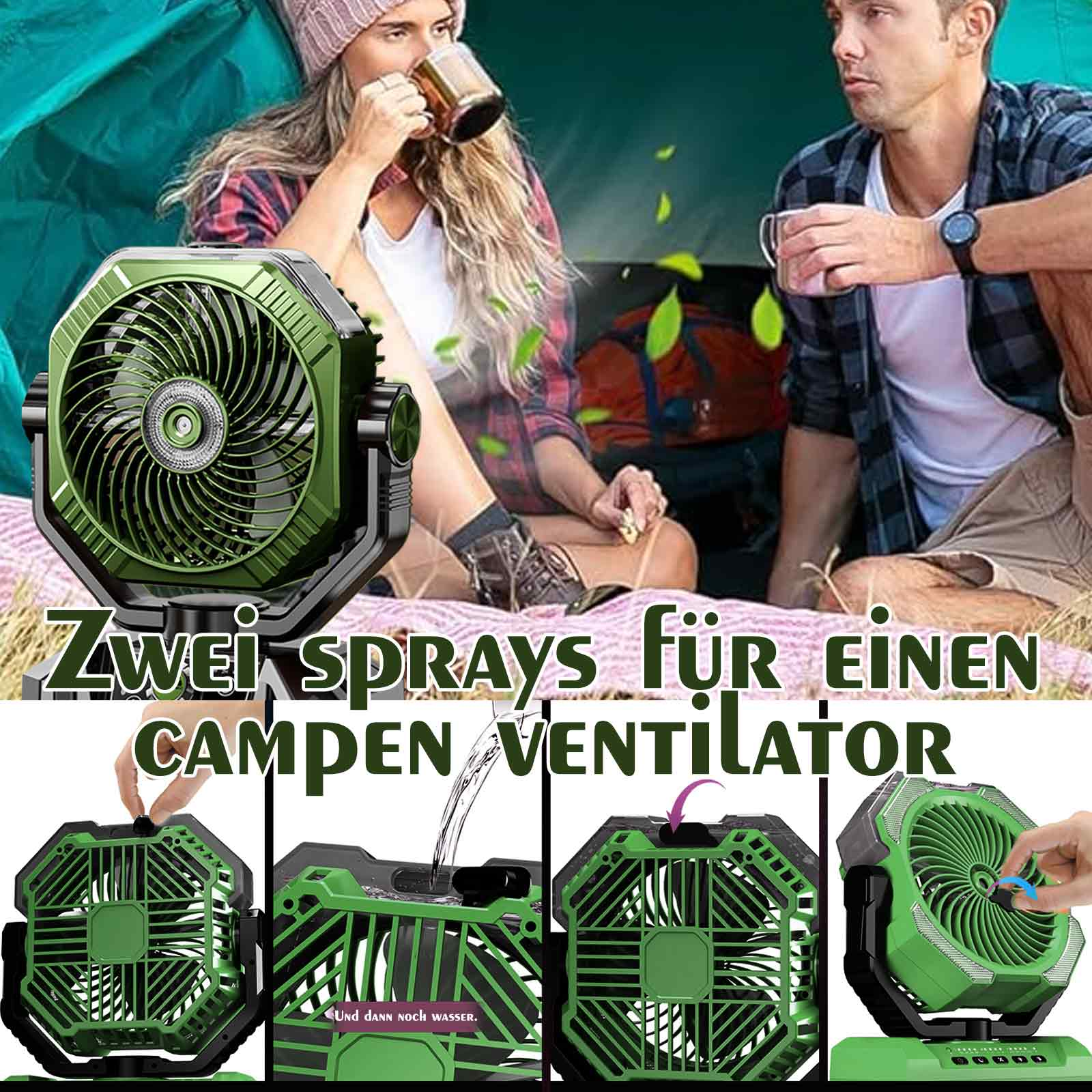 Ein Paar trinkt in einem Zelt aus Bechern in der Nähe eines grünen Ventilators. Der Text lautet 'Zwei Sprays für einen Campen-Ventilator'.