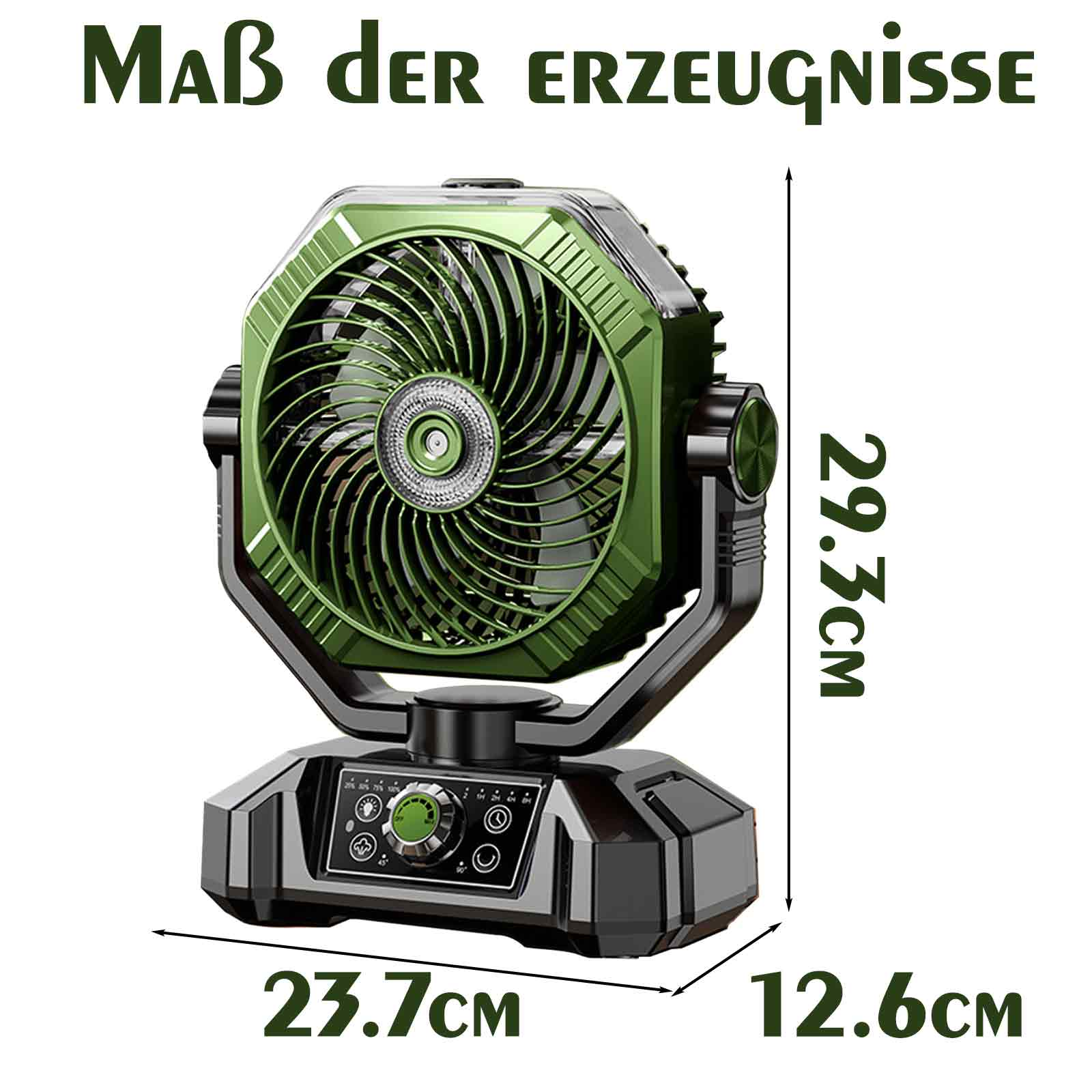 Grüner Ventilator mit den Maßen 23,7 cm x 12,6 cm x 29,7 cm. Er hat ein Bedienfeld und einen schwarzen Sockel. Oben steht 'Maß der Erzeugnisse'.
