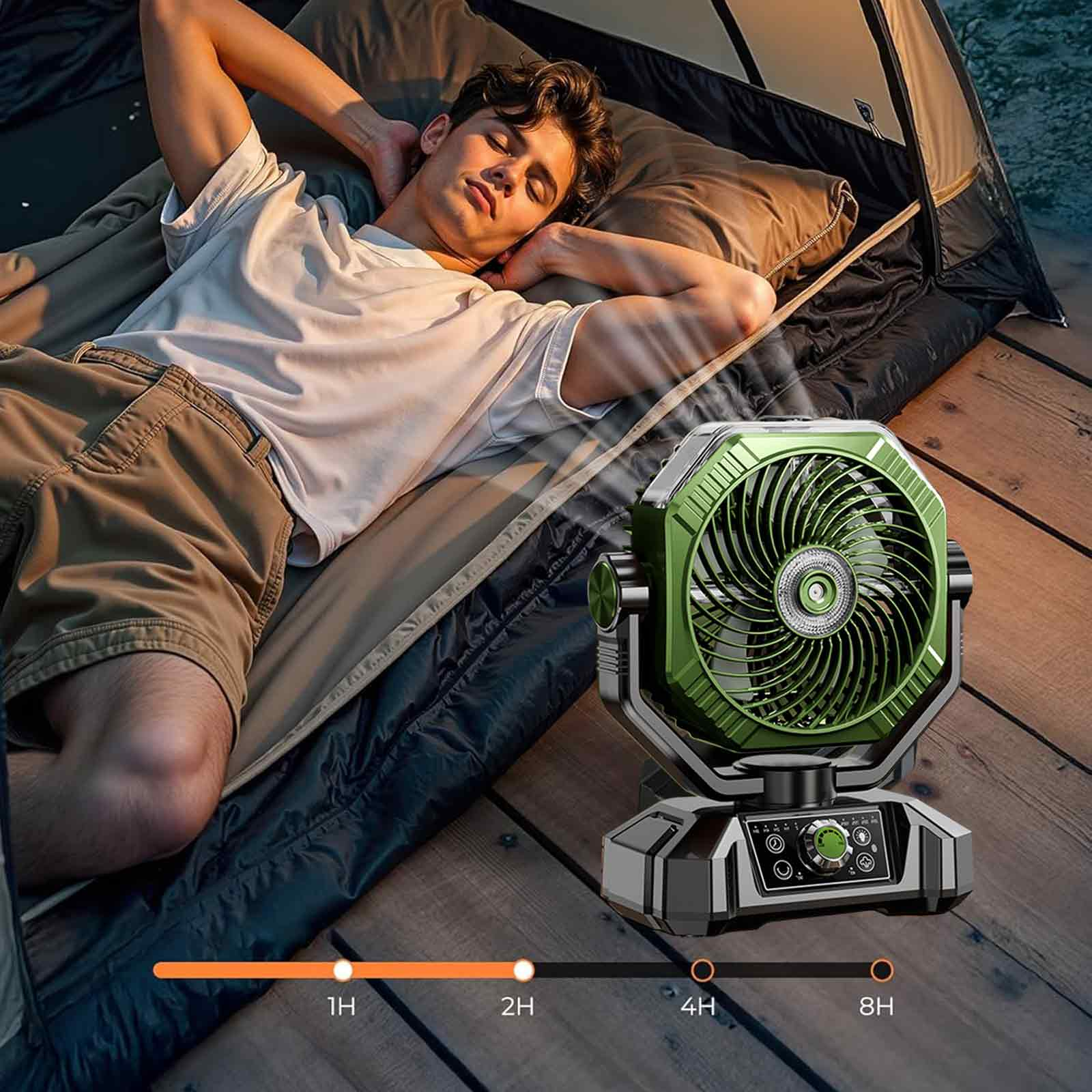 Mann schläft in einem Zelt mit einem grünen Ventilator. Der Ventilator hat Einstellungen für 1H, 2H, 4H und 8H. Die Szene ist draußen auf Holz.