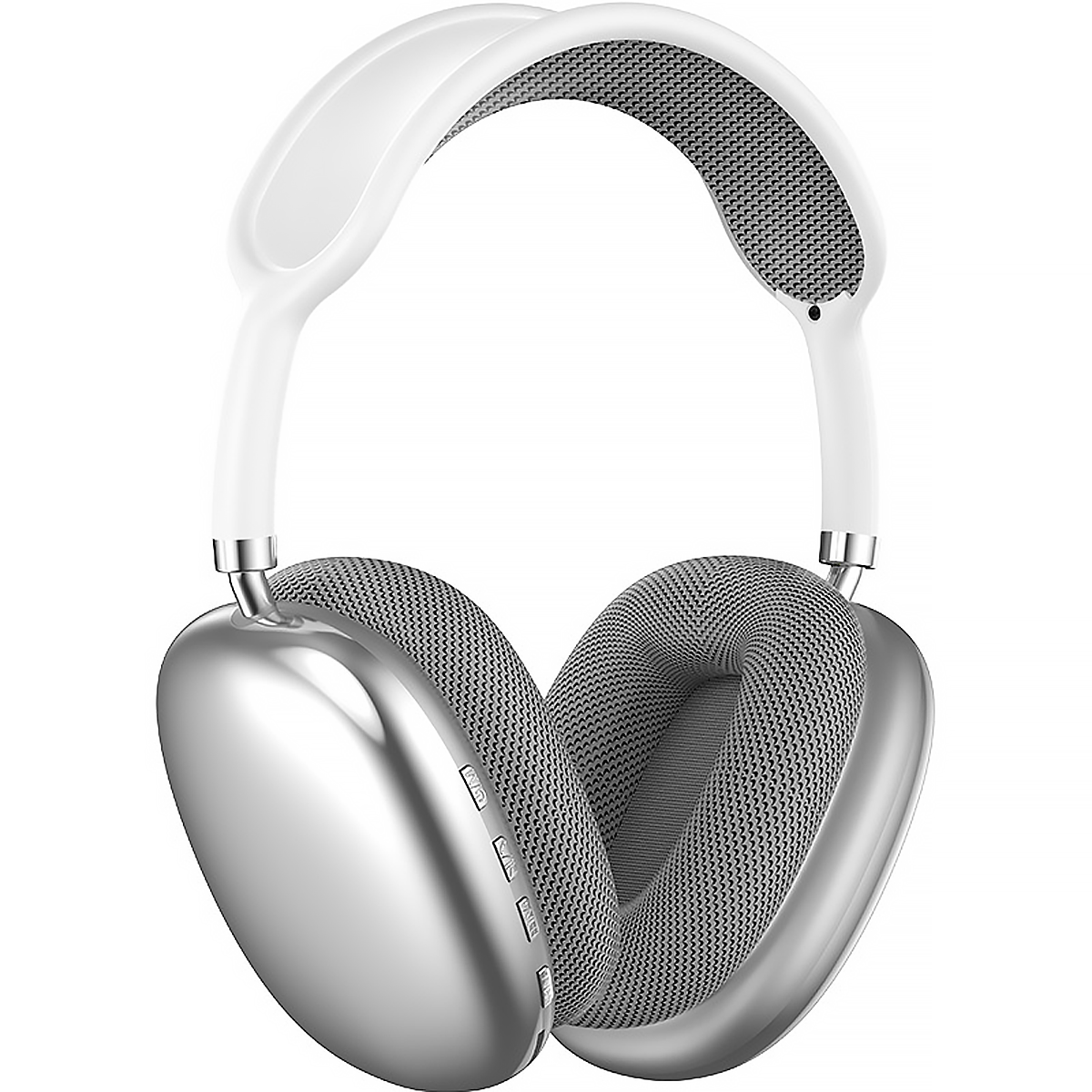 Silberne und weiße Over-Ear-Kopfhörer. Die Ohrmuscheln sind silbern, das Kopfband weiß und die Ohrpolster graues Mesh. Isoliert auf Weiß.