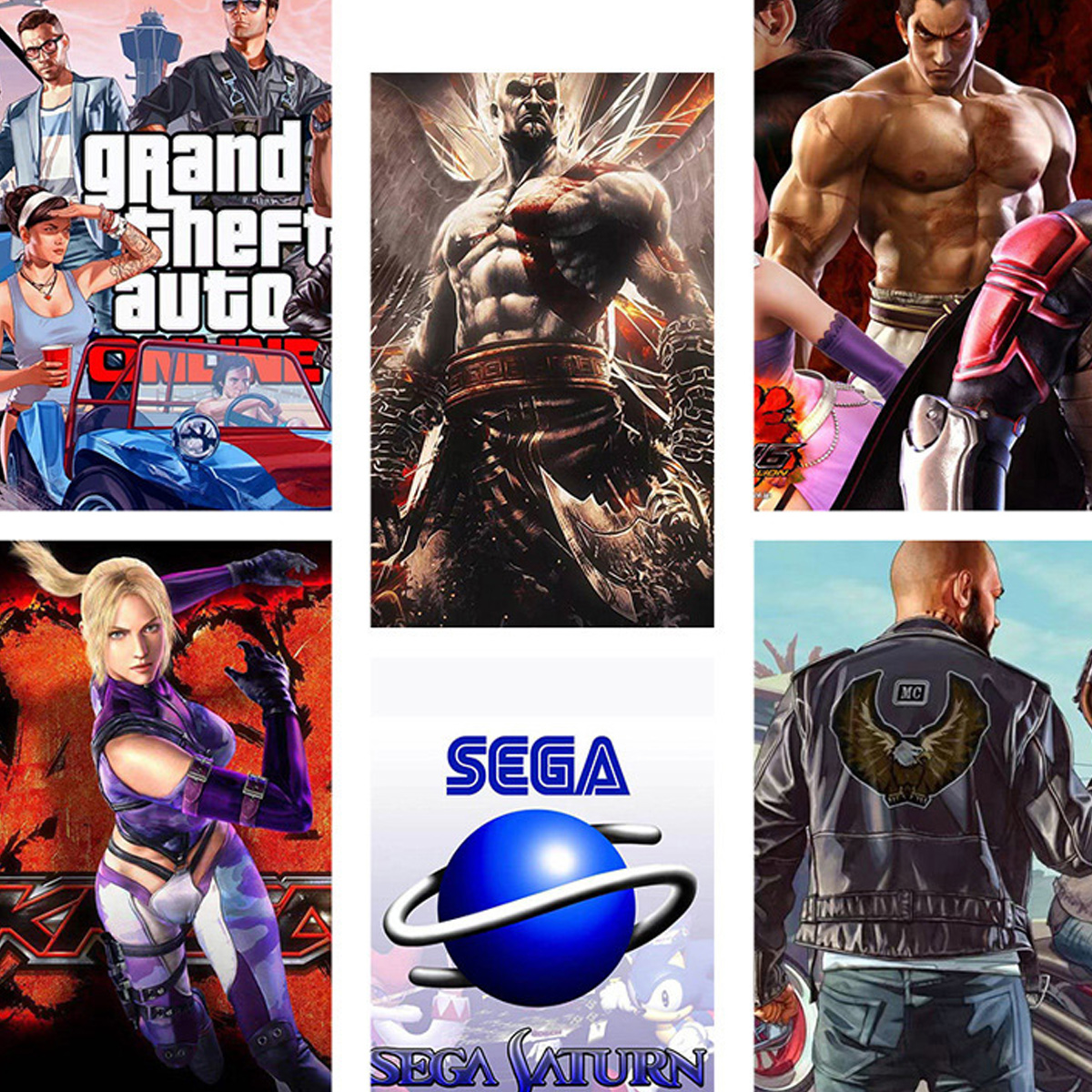 Das Bild zeigt Spielcover: GTA mit Charakteren in einem Auto, eine muskulöse Figur mit Flügeln, Tekken-Charaktere, eine Frau in Lila, SEGA-Logo und ein Mann in einer Jacke.