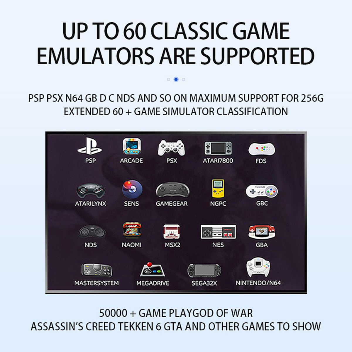 Das Bild zeigt Game-Emulatoren: PSP, PSX, N64 usw. Unterstützt bis zu 60 Spiele. Text: 'Bis zu 60 klassische Game-Emulatoren werden unterstützt'.