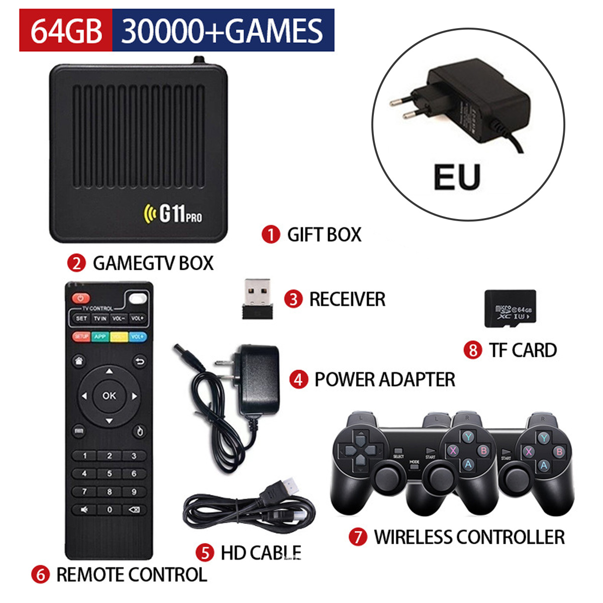 Ein Spielkonsolen-Set mit Box, Empfänger, Adapter, Controller und Kabeln. Enthält Fernbedienung, SD-Karte und 'G11 Pro' Spielbox.