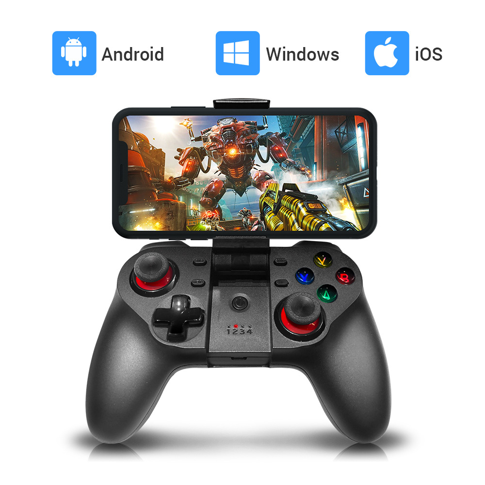Ein schwarzes Gamepad mit einem Smartphone, das ein Spiel anzeigt. Android-, Windows- und iOS-Symbole befinden sich über dem Telefon.