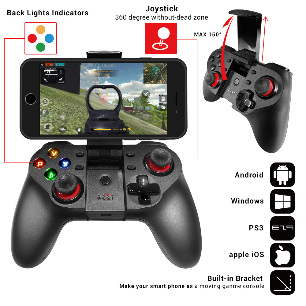 Ein schwarzer Gamecontroller mit angeschlossenem Telefon. Es hat Joysticks, Tasten und einen Bildschirm, der ein Spiel anzeigt. Symbole zeigen Android, Windows, PS3 und iOS.