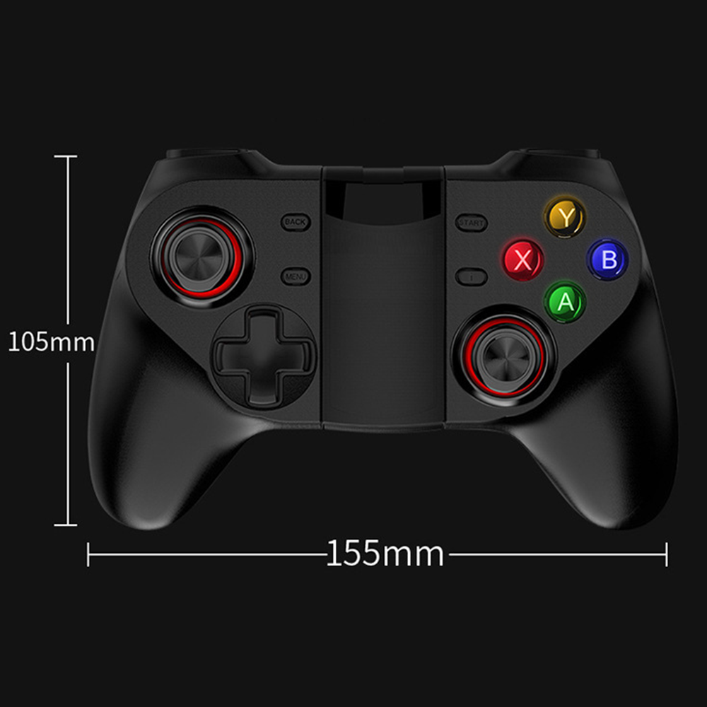 Ein schwarzes Gamepad mit beschrifteten Abmessungen, Tasten: X, A, B, Y, Start, Zurück, Menü und zwei Joysticks, vor schwarzem Hintergrund.