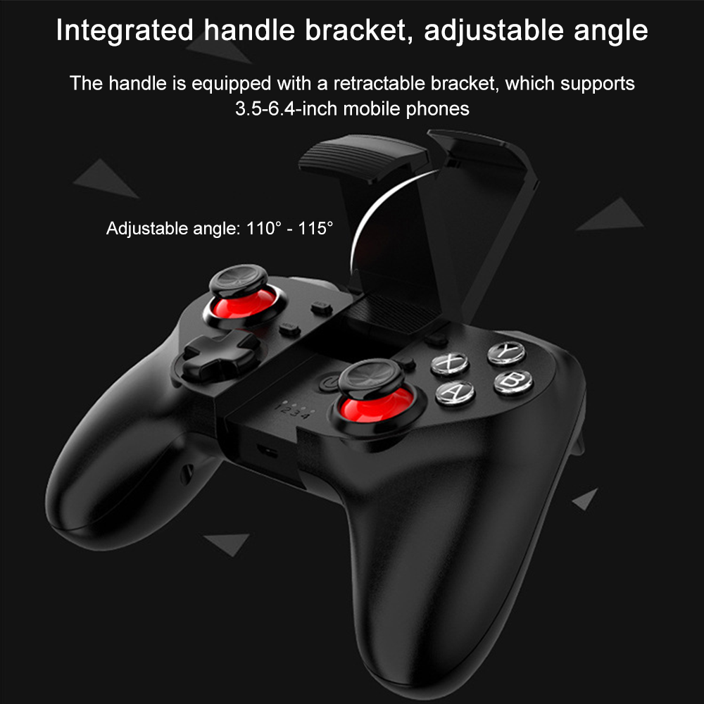 Schwarzer Gamecontroller mit roten Knöpfen und ausziehbarer Telefonhalterung auf dunklem Hintergrund. Der Winkel ist von 110° bis 115° einstellbar.