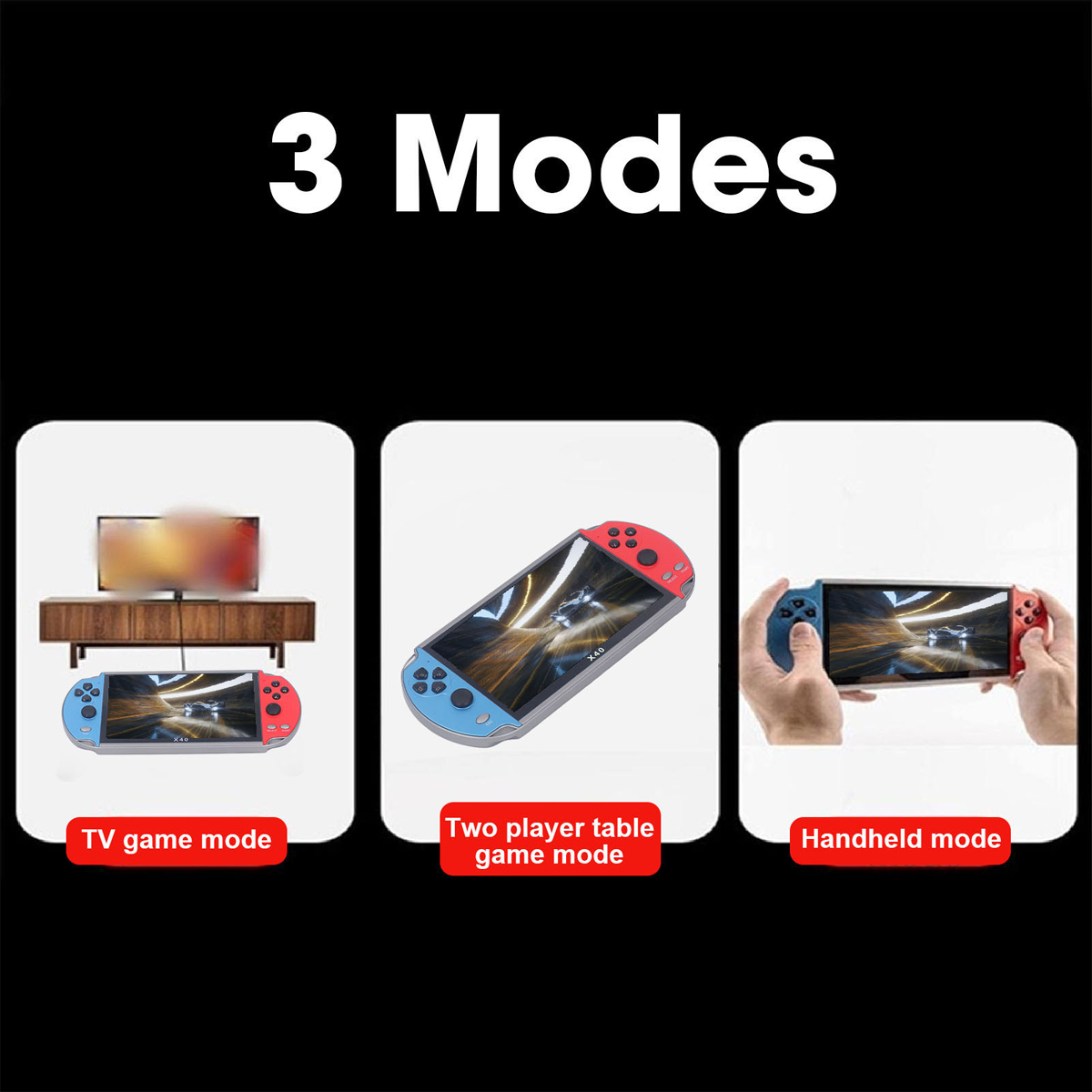 Das Bild zeigt 3 Spielmodi: TV, Zwei-Spieler-Tisch und Handheld. Jeder Modus wird mit einer Konsole und relevantem Hintergrund dargestellt.