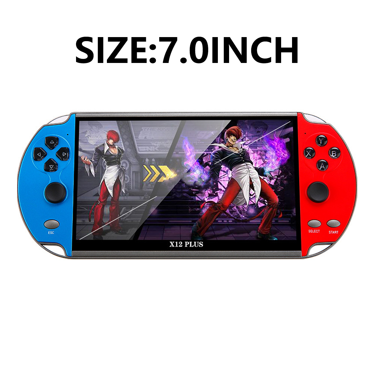Eine Handheld-Spielkonsole mit 7-Zoll-Bildschirm. Der Bildschirm zeigt ein Kampfspiel. Die Konsole hat blaue und rote Seiten mit Knöpfen.