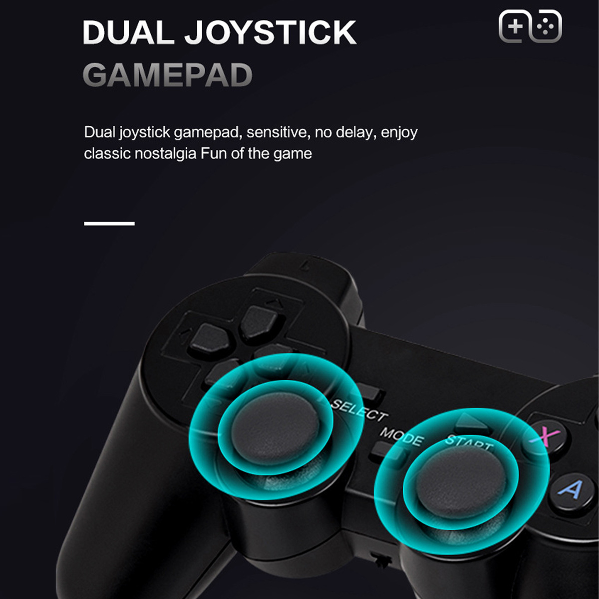 Ein schwarzes Gamepad mit hervorgehobenen Tasten. Der Text lautet 'DUAL JOYSTICK GAMEPAD'. Tasten mit der Aufschrift 'SELECT', 'MODE', 'START', 'X' und 'A' sind sichtbar.