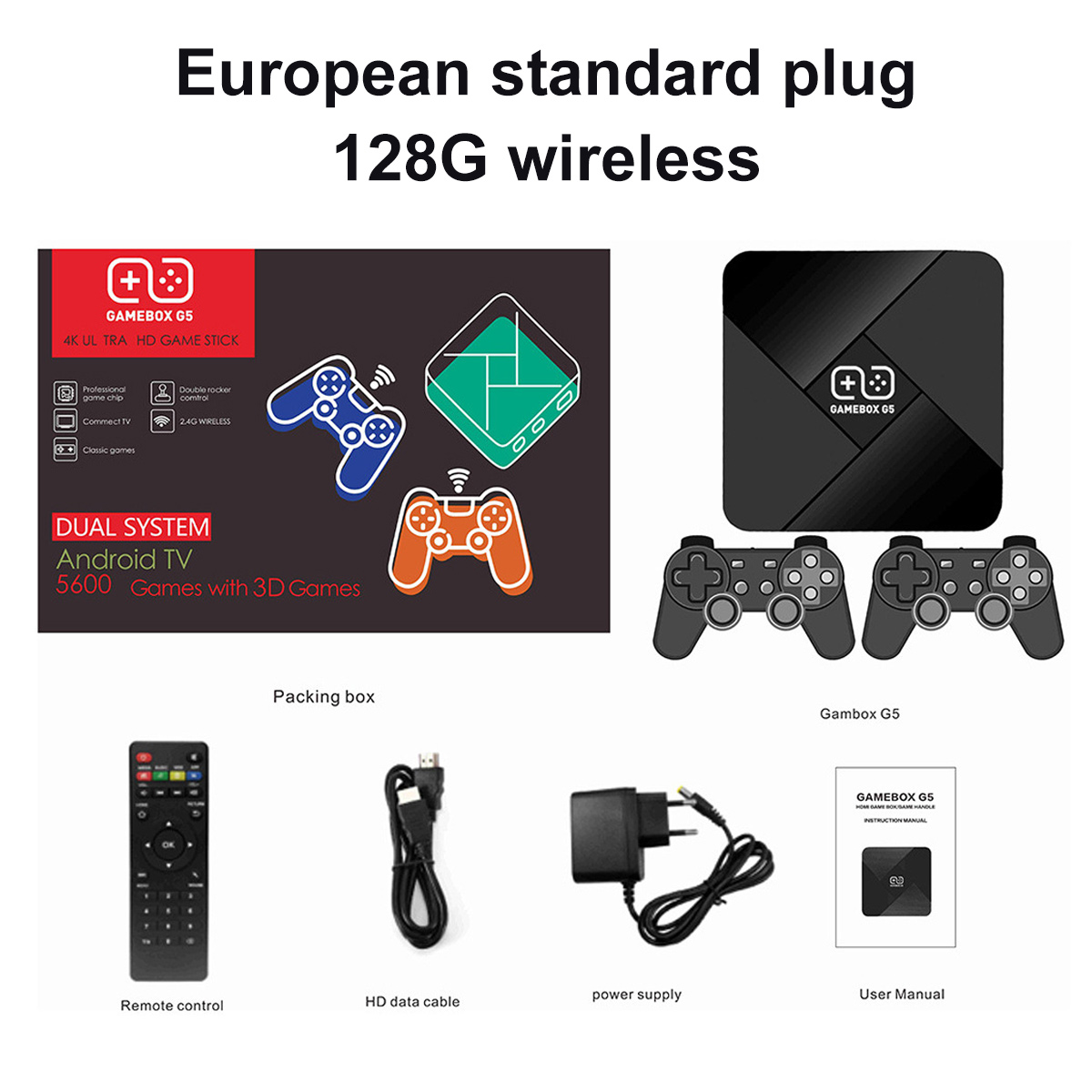 Werbung für eine Spielkonsole. Es enthält die Konsole, Controller, Fernbedienung, Kabel und Benutzerhandbuch. Der Text lautet 'European standard plug'.