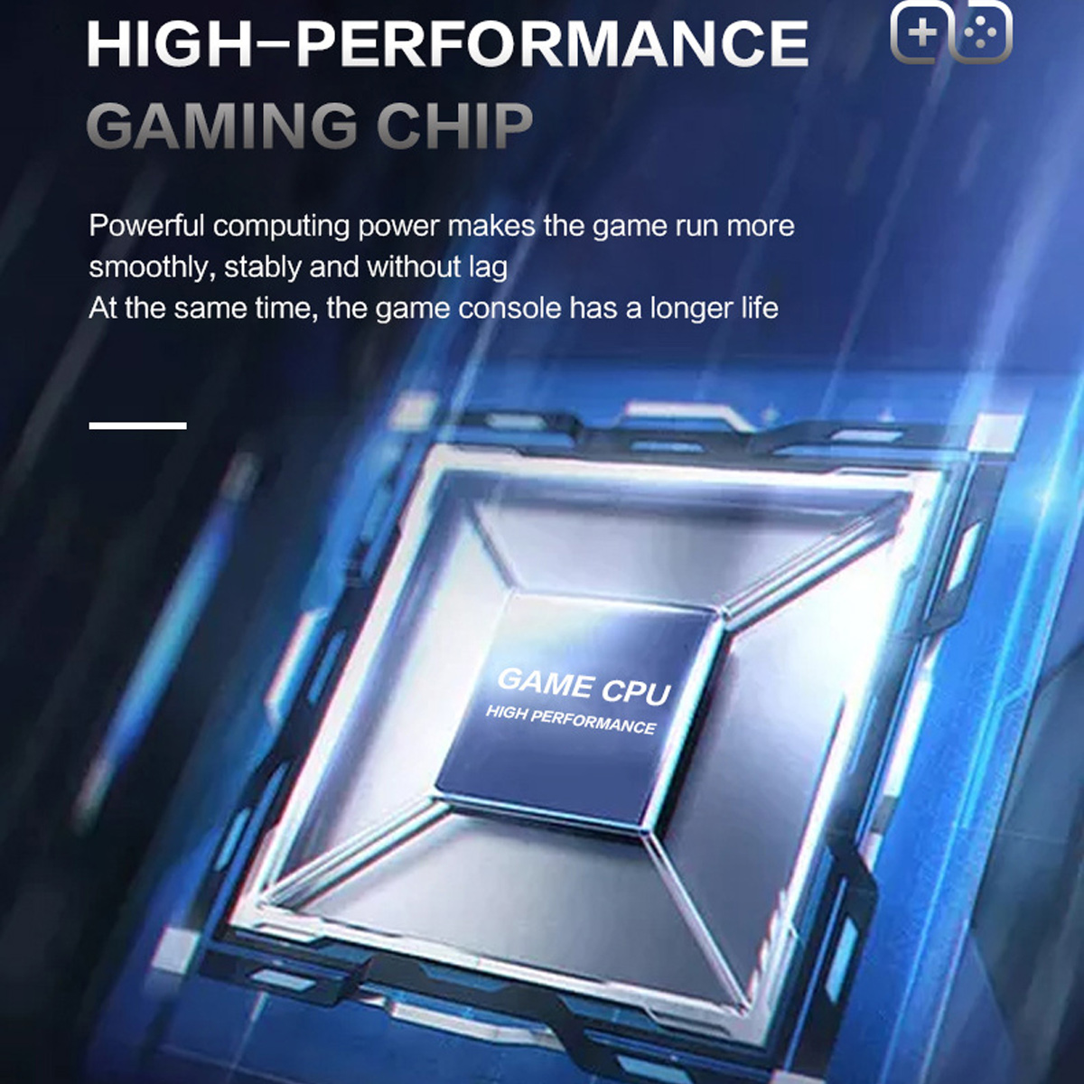 Ein blauer und silberner Gaming-Chip mit den Worten HIGH-PERFORMANCE GAMING CHIP. Text unten beschreibt seine Funktionen.