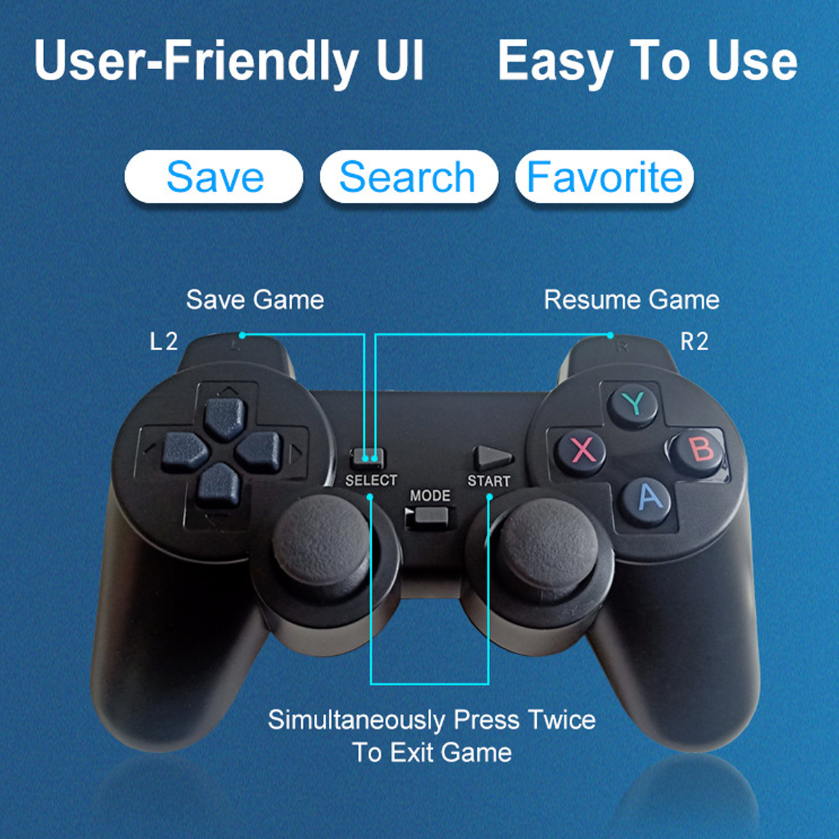 Ein schwarzer Gamecontroller mit beschrifteten Tasten und Funktionen. Text zeigt Optionen zum Speichern, Suchen und Favoriten. Blauer Hintergrund.