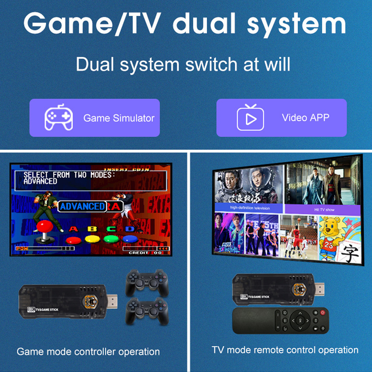 Das Bild zeigt ein Dual-Game/TV-System. Es hat Spiel- und Video-App-Optionen, die Gamecontroller und eine Fernbedienung anzeigen.