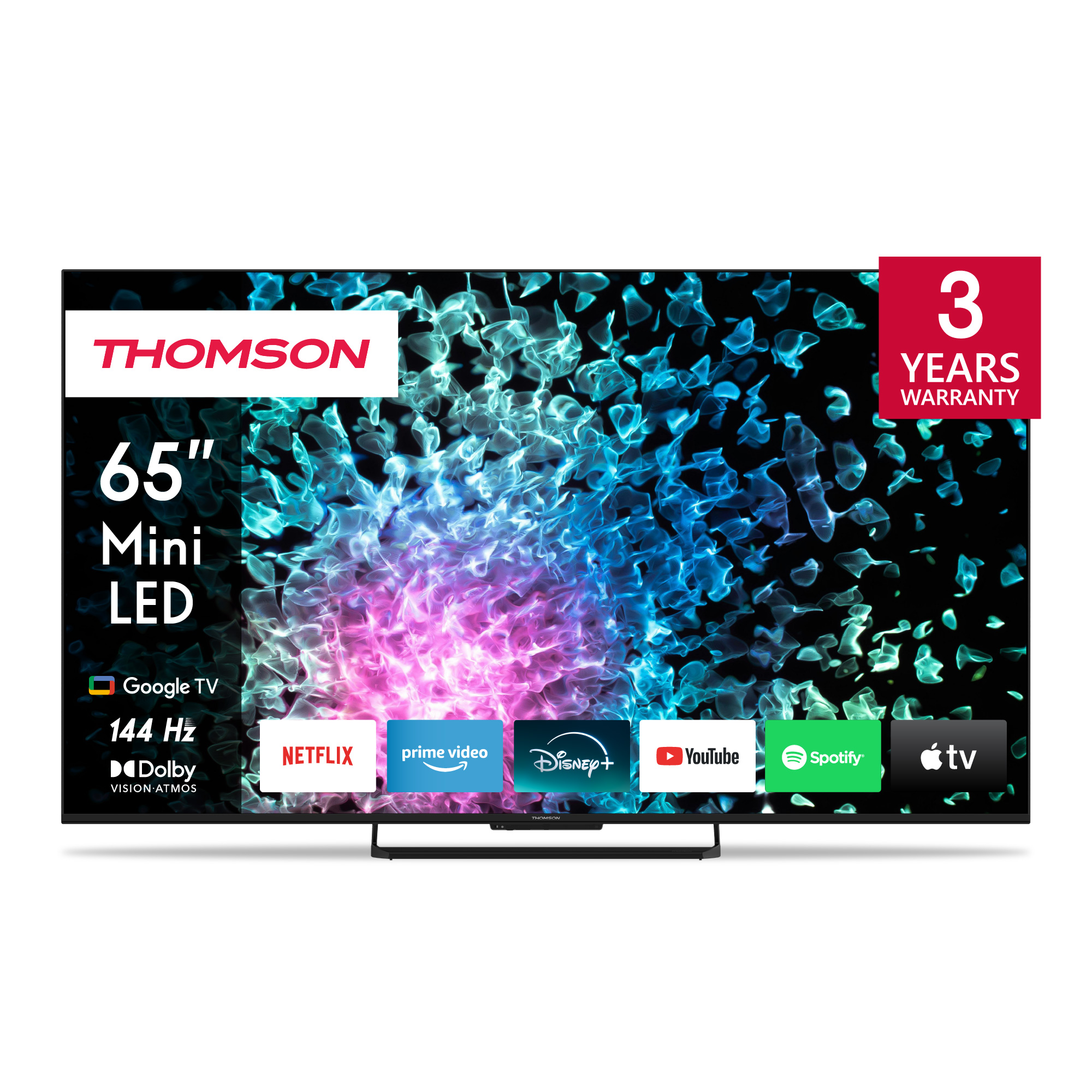 Viene visualizzato un TV Thomson Mini LED da 65". Ha icone di app di streaming. Viene visualizzata una garanzia di 3 anni.