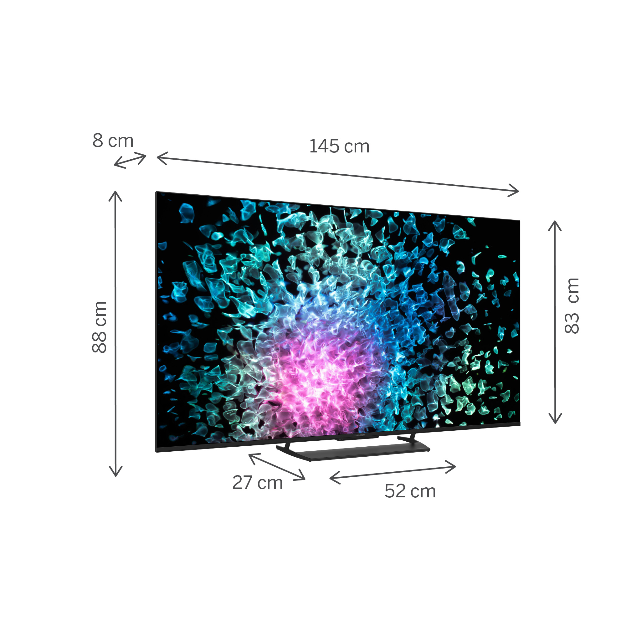 Una grande TV mostra un motivo astratto colorato. Dimensioni: 145x88x83cm. Le misure sono indicate.