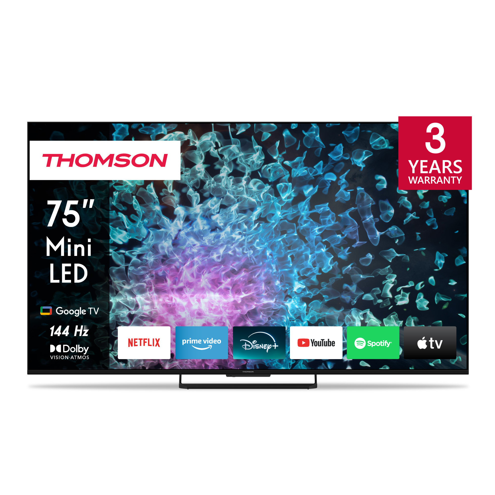 Thomson TV Mini LED 75". Con Google TV, 144 Hz, Dolby Vision Atmos. Include Netflix, Prime Video, Disney+, YouTube, Spotify e Apple TV.
