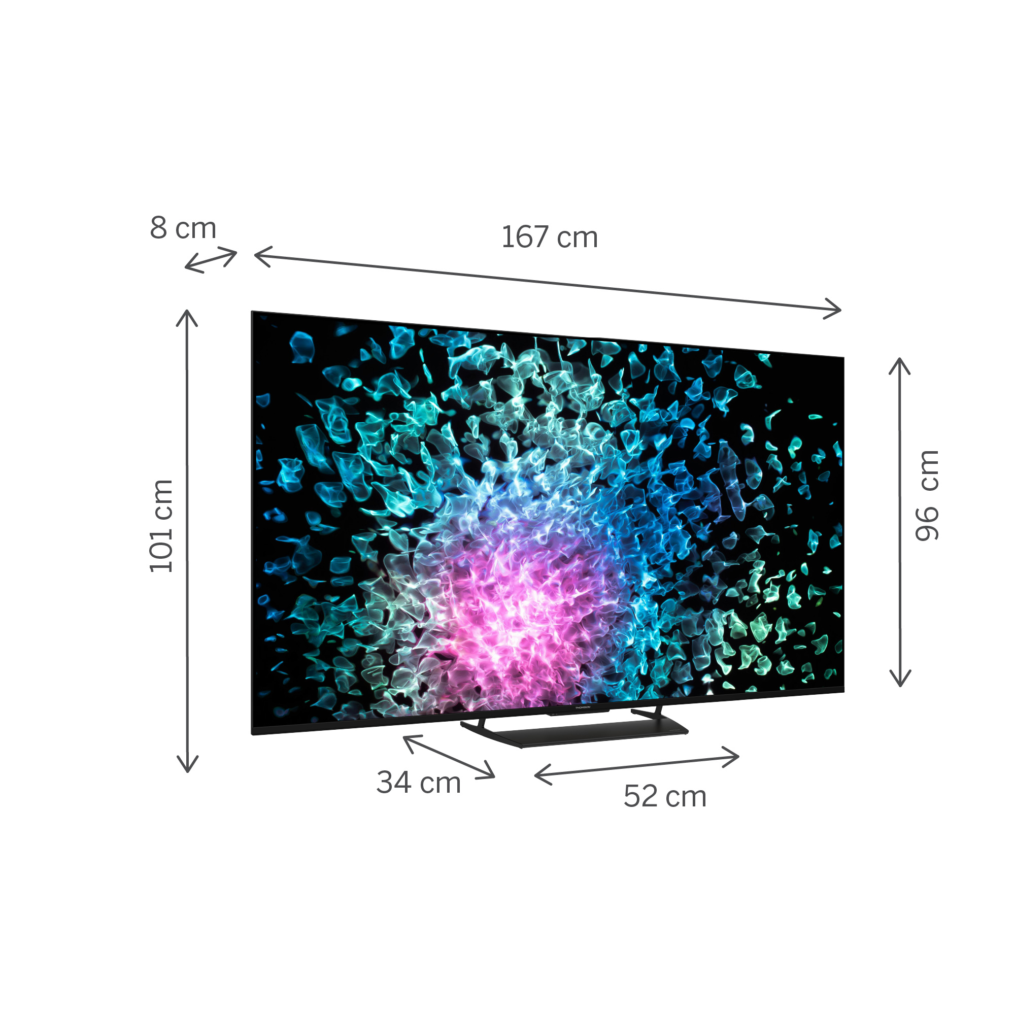 Un grande televisore mostra un motivo astratto colorato. Dimensioni: 167 cm di larghezza, 101 cm di altezza, 96 cm diagonale. Le misure sono indicate.