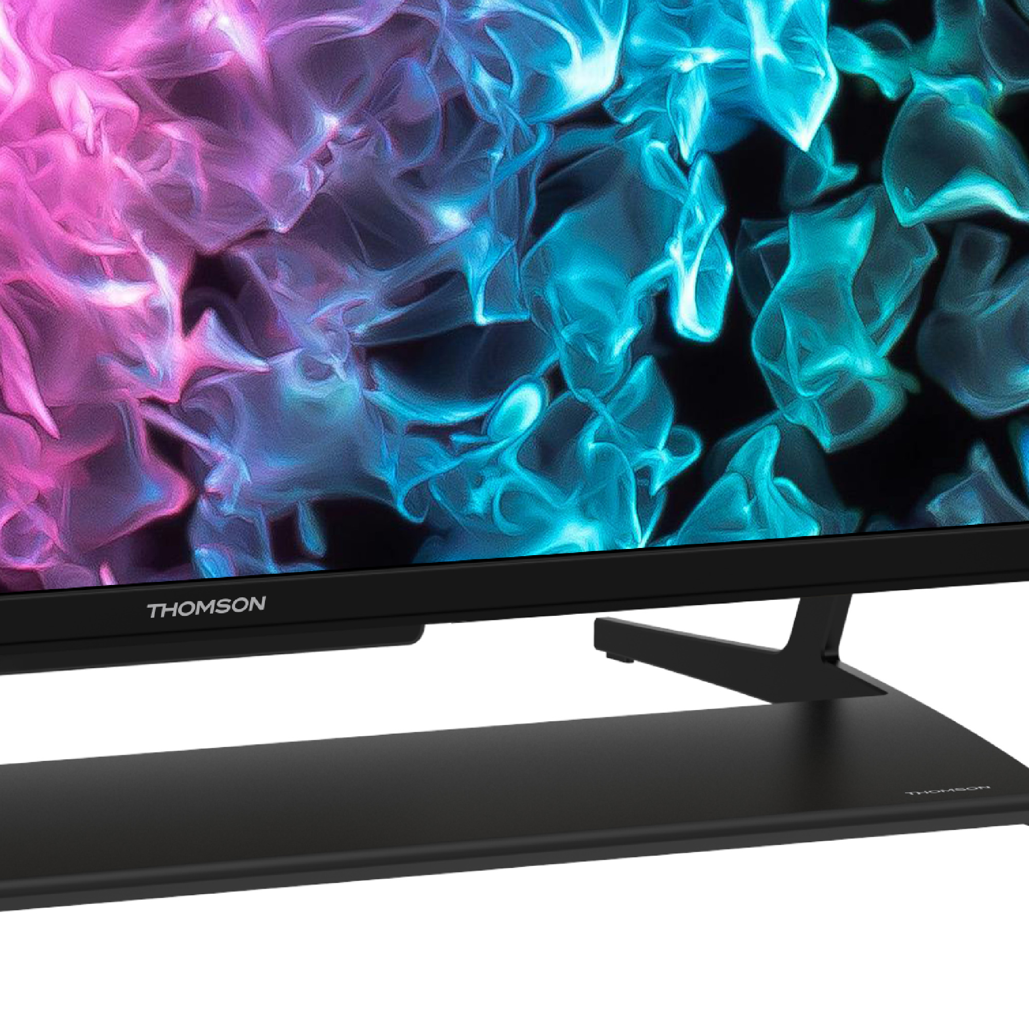 Un primo piano di uno schermo TV con arte astratta in rosa e blu. Il televisore è nero, con il logo Thomson.