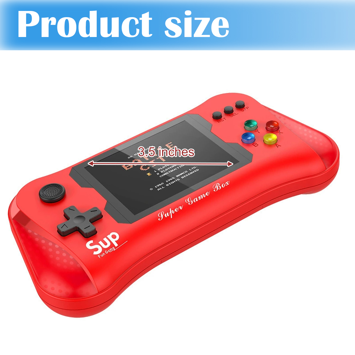 Eine rote Handheld-Konsole mit 3,5-Zoll-Bildschirm. Es hat Knöpfe, ein Steuerkreuz und trägt die Aufschrift 'Super Game Box'.