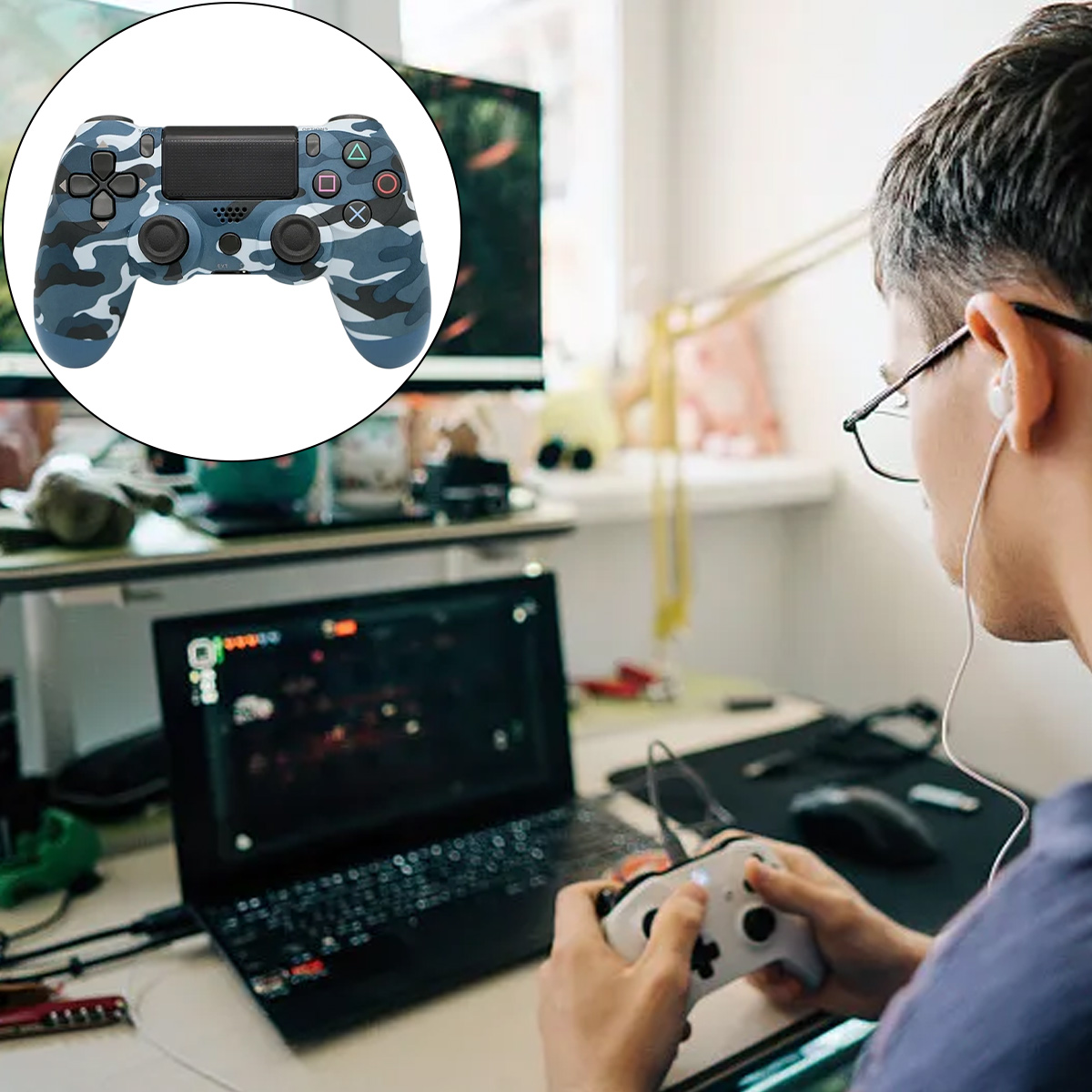 Eine Person spielt ein Spiel auf einem Laptop und hält einen weißen Controller. Ein Gamepad ist ebenfalls in einem Kreis abgebildet. Die Person trägt Brille und Kopfhörer.
