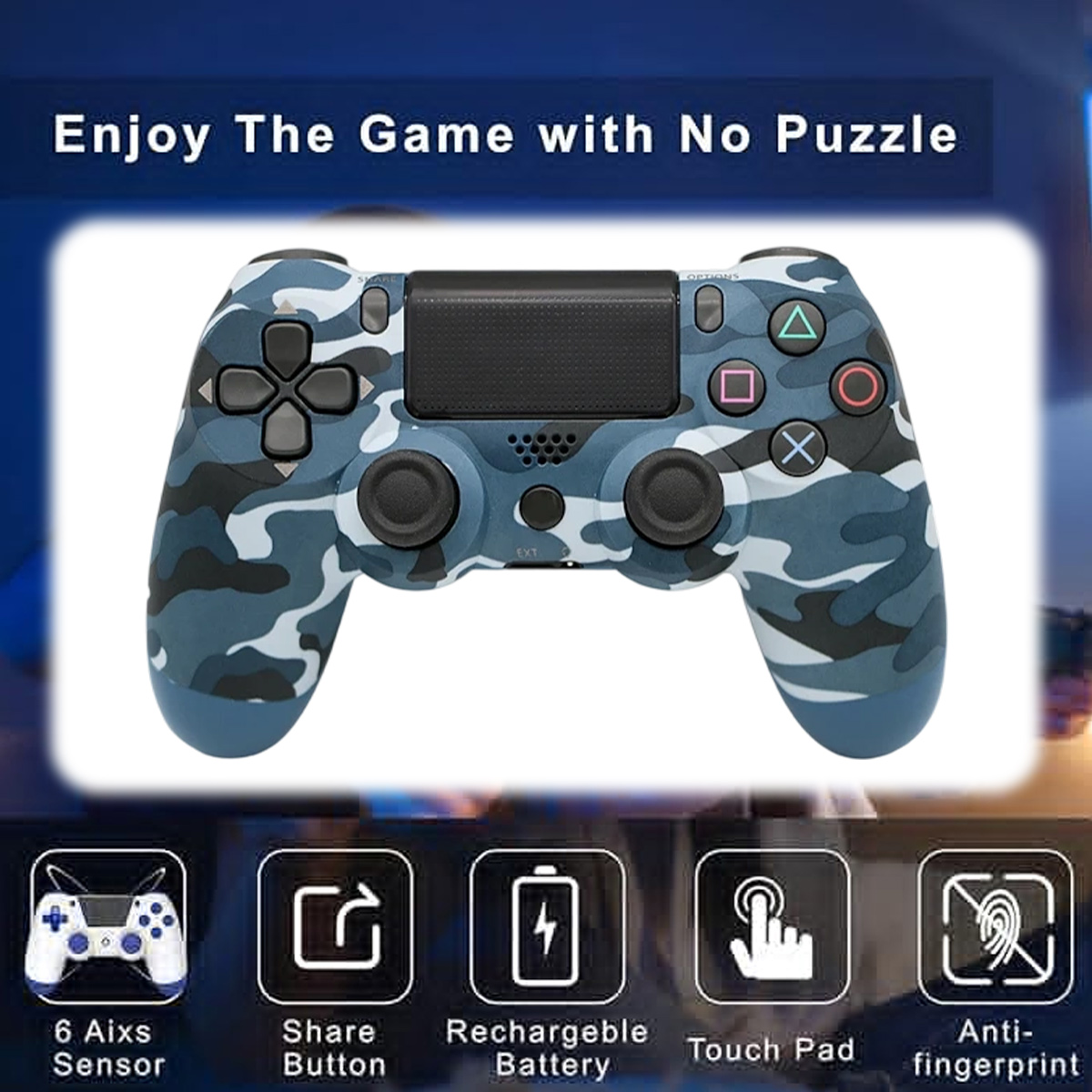 Ein blau-getarntes PS4-Gamepad mit Tasten und Funktionen wie Touchpad, Share-Taste und Akku.