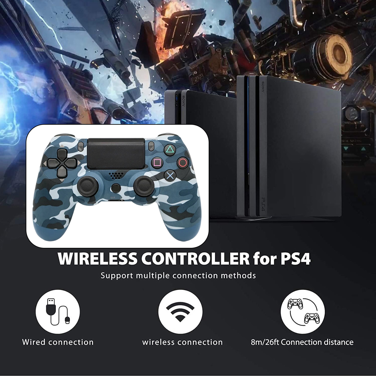 Bild zeigt einen Tarnfarben PS4-Controller, Konsolen und Symbole für kabelgebundene, drahtlose Verbindungen und Entfernung. Hintergrund ist eine Spielszene.