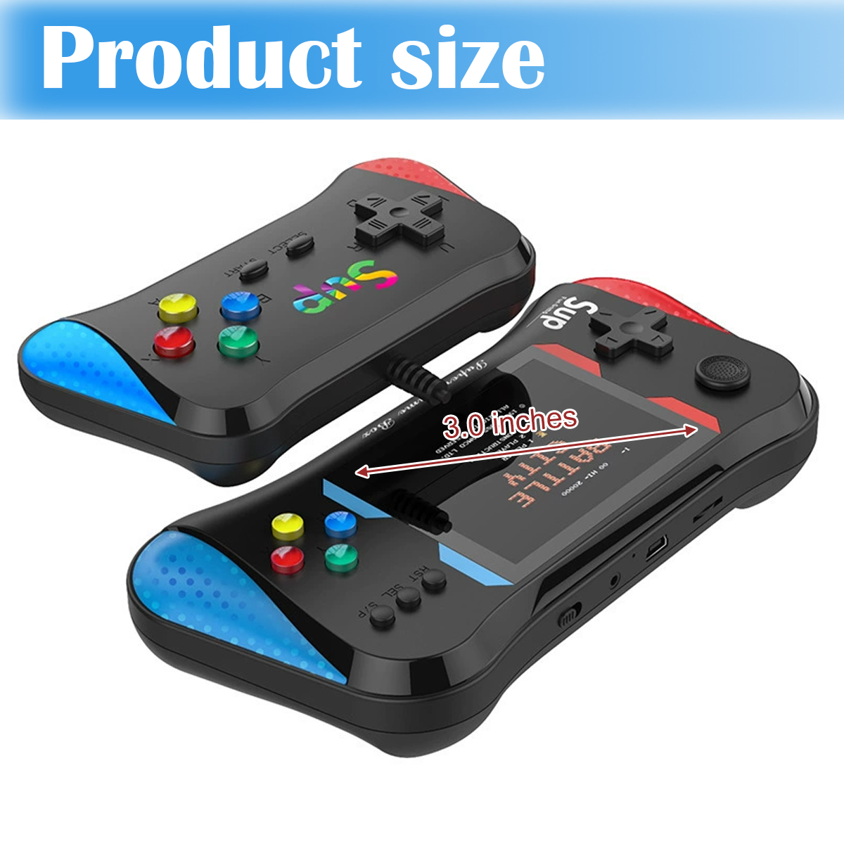 Zwei schwarze Handheld-Spielkonsolen werden gezeigt. Eine ist mit '3,0 Zoll' beschriftet und hat farbige Knöpfe. Der Text 'Produktgröße' steht oben.