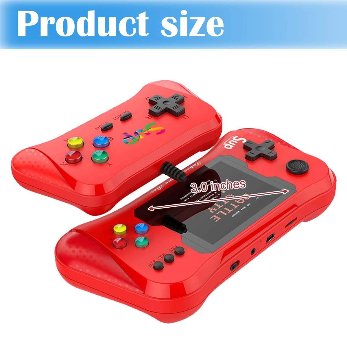 Zwei rote Handheld-Spielkonsolen. Oben steht "Produktgröße". Die untere Konsole zeigt einen 3,0-Zoll-Bildschirm.