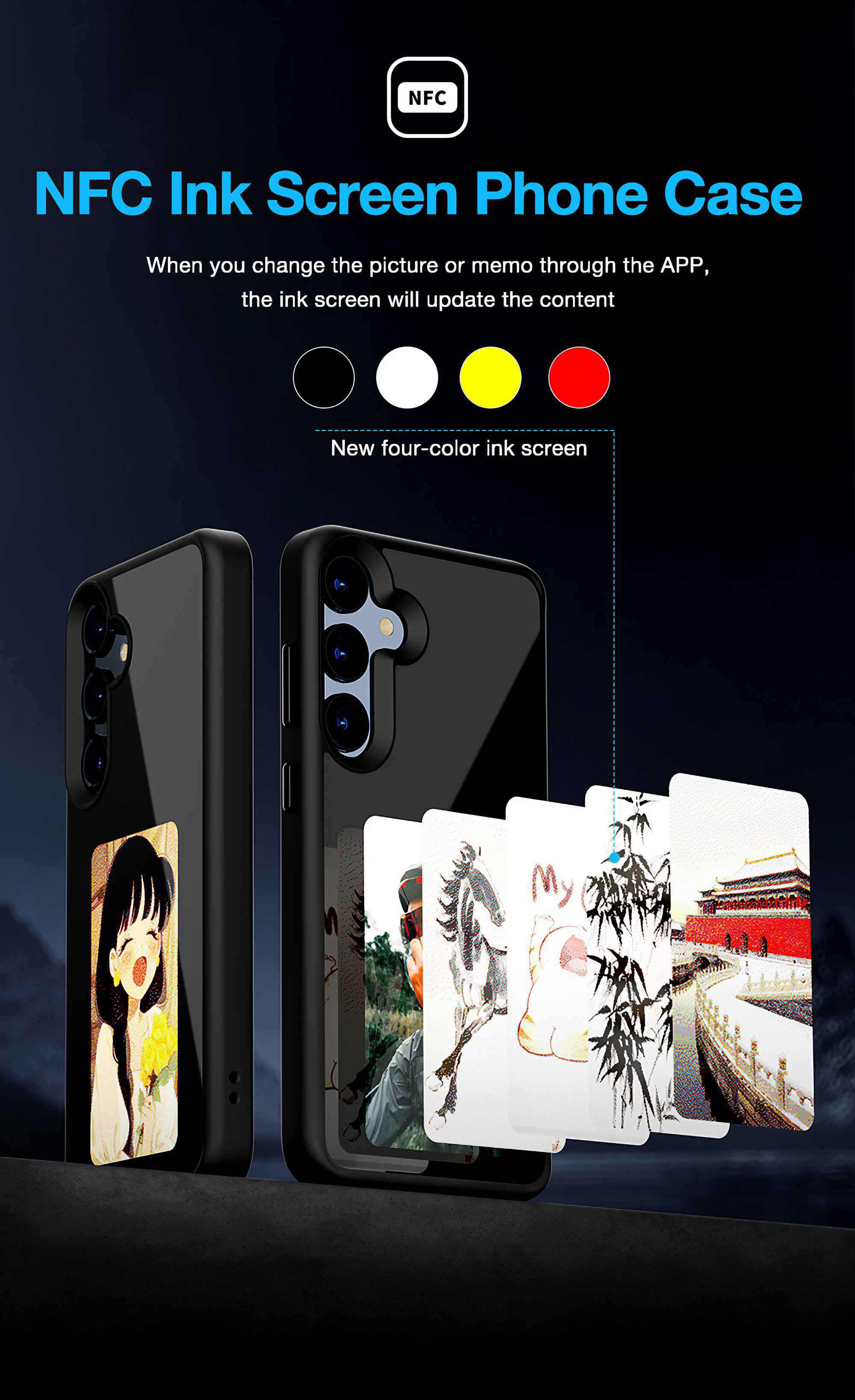 Schwarze Handyhüllen mit farbigen Displays. Der Text lautet: NFC Ink Screen Phone Case. Die Farben sind Schwarz, Weiß, Gelb und Rot.