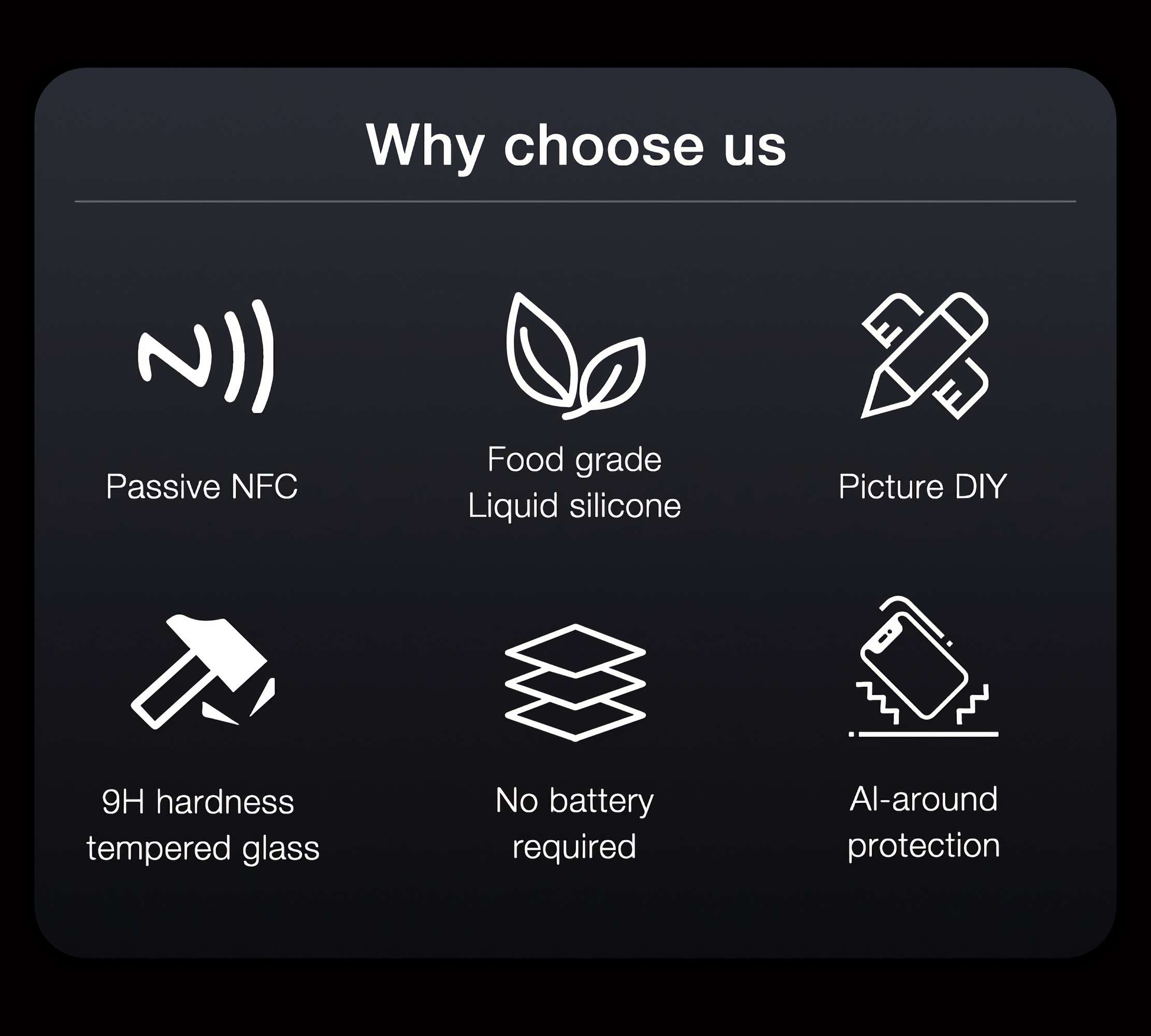 Dunkler Hintergrund mit weißen Symbolen und Text. Es steht 'Warum uns wählen' und listet Funktionen wie NFC, Flüssigsilikon und Picture DIY auf.